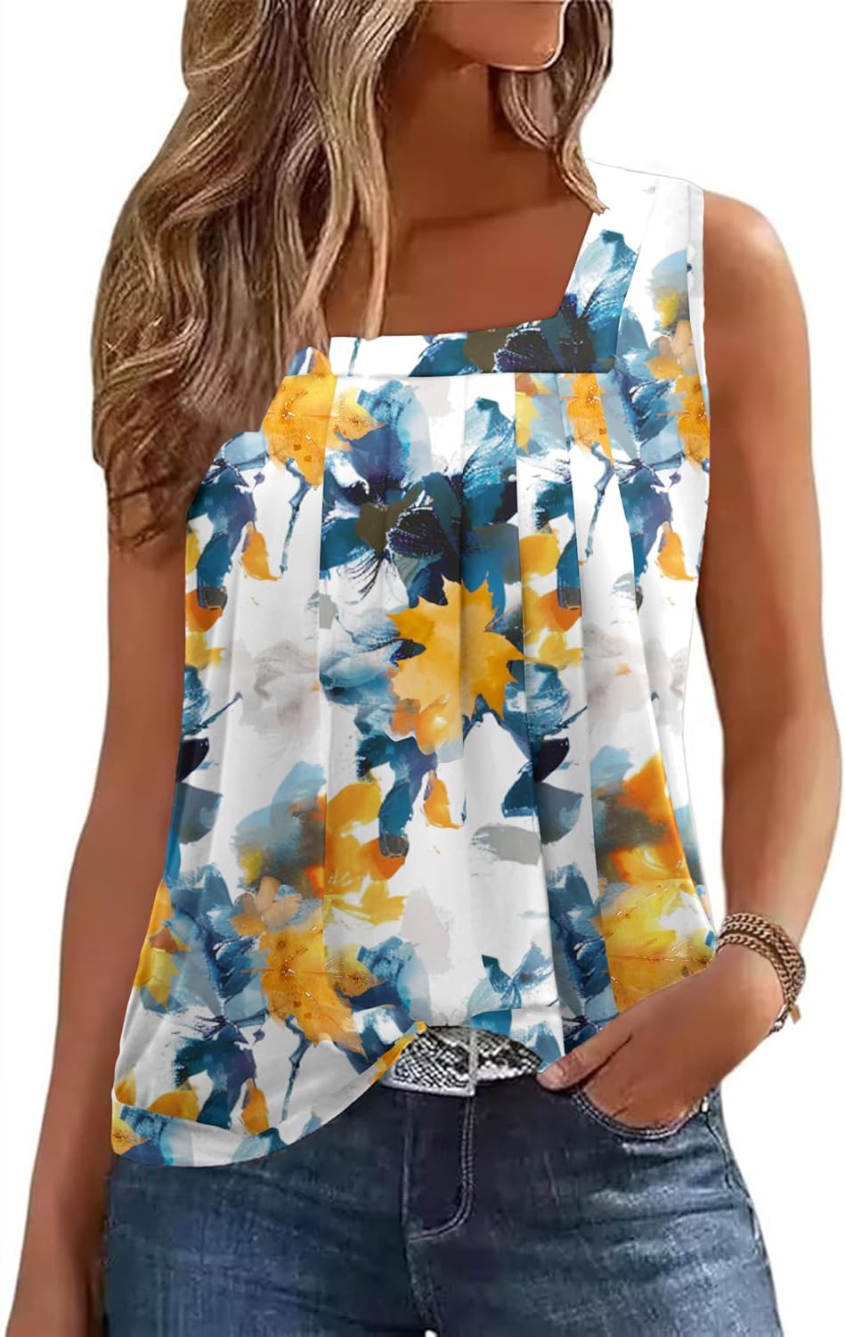 Zeagoo Womens Tank Tops Summer Sleeveless Loose Fit Square Neck Pleated Shirts Banded Basic Casual Trendy Clothes