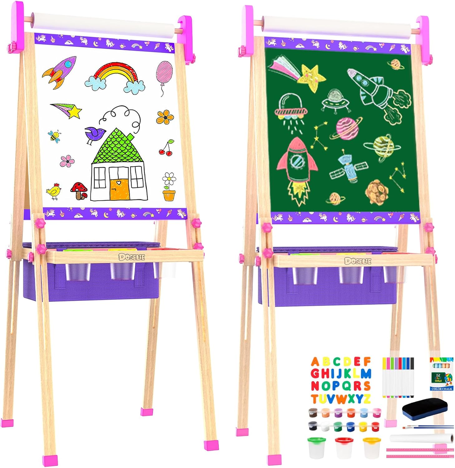 Wooden Art Easel for Kids,Double Sided Adjustable Magnetic Drawing Board | Kids Easel with Paper Roll,Whiteboard & Dry Erase Chalk Board,Toddler Easel for 4 -8 Year Old Boy Girl Birthday Gifts