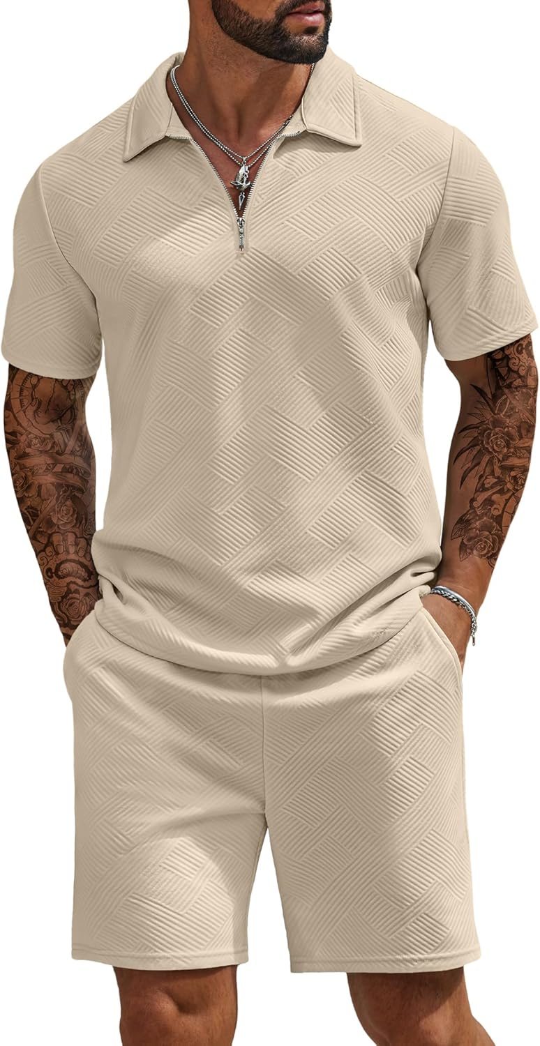 COOFANDY Mens Tracksuit Casual 2 Piece Quarter Zip Polo Shirt and Shorts Set Athletic Jogging Sports Outfits