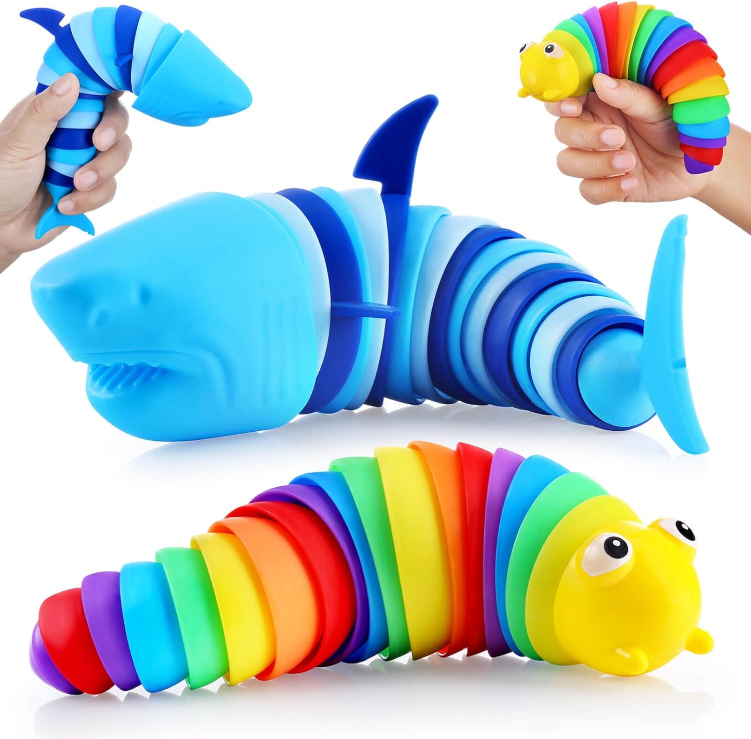 Kabvy Sensory Slug Fidget Toys, Sensory Toys for Autism, ADHD, Anxiety & Stress Relief, Gifts, Party Favors & Classroom Prizes for Kids Toddlers Boys Girls(Shark and Caterpillar Toy)