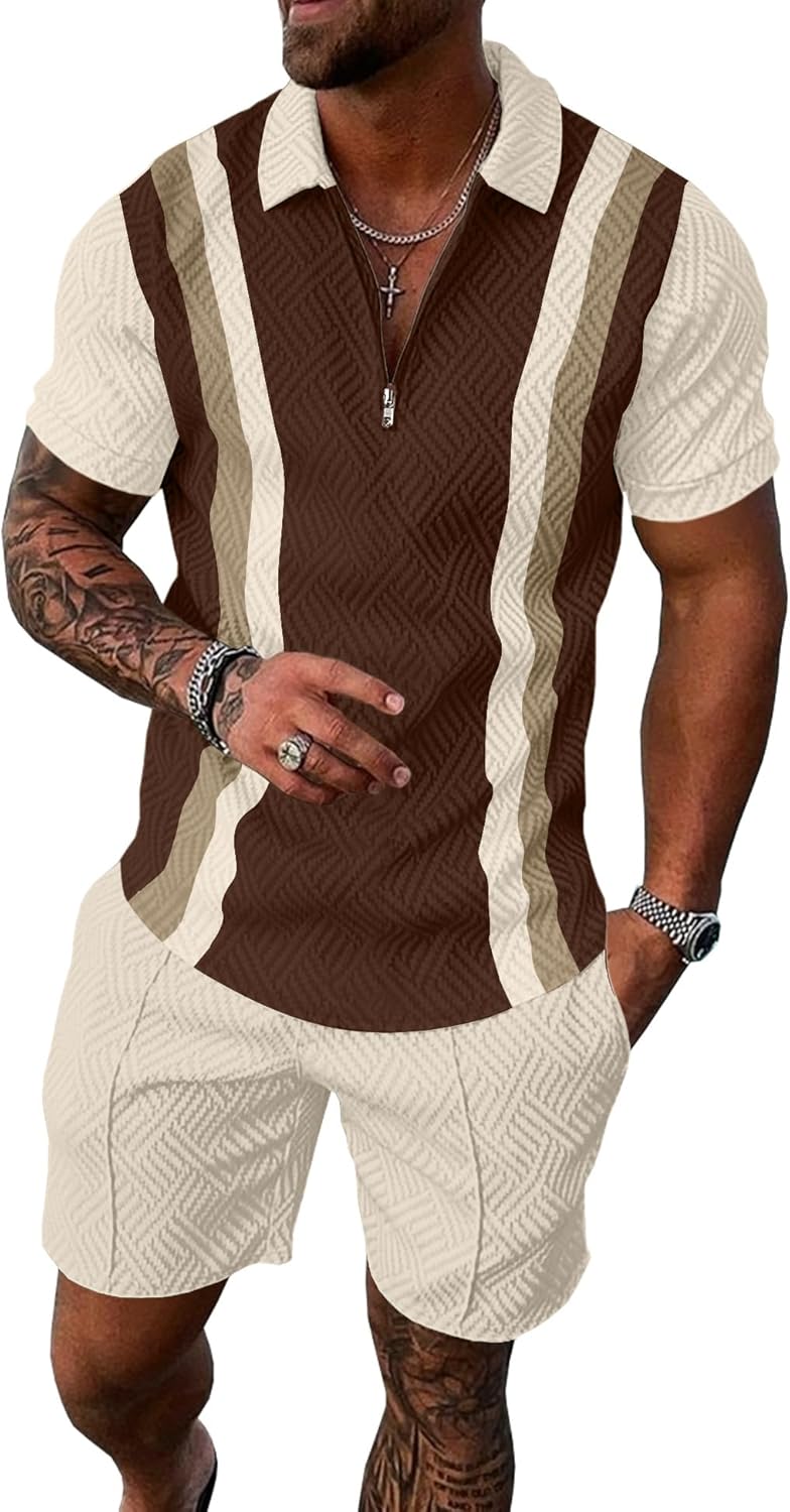 UOUA Mens Summer Track Suits 2 Piece Shorts Sets Short Sleeve Sweatsuit Outfits 1/4 Zip Golf Polo Splicing Striped Shirts
