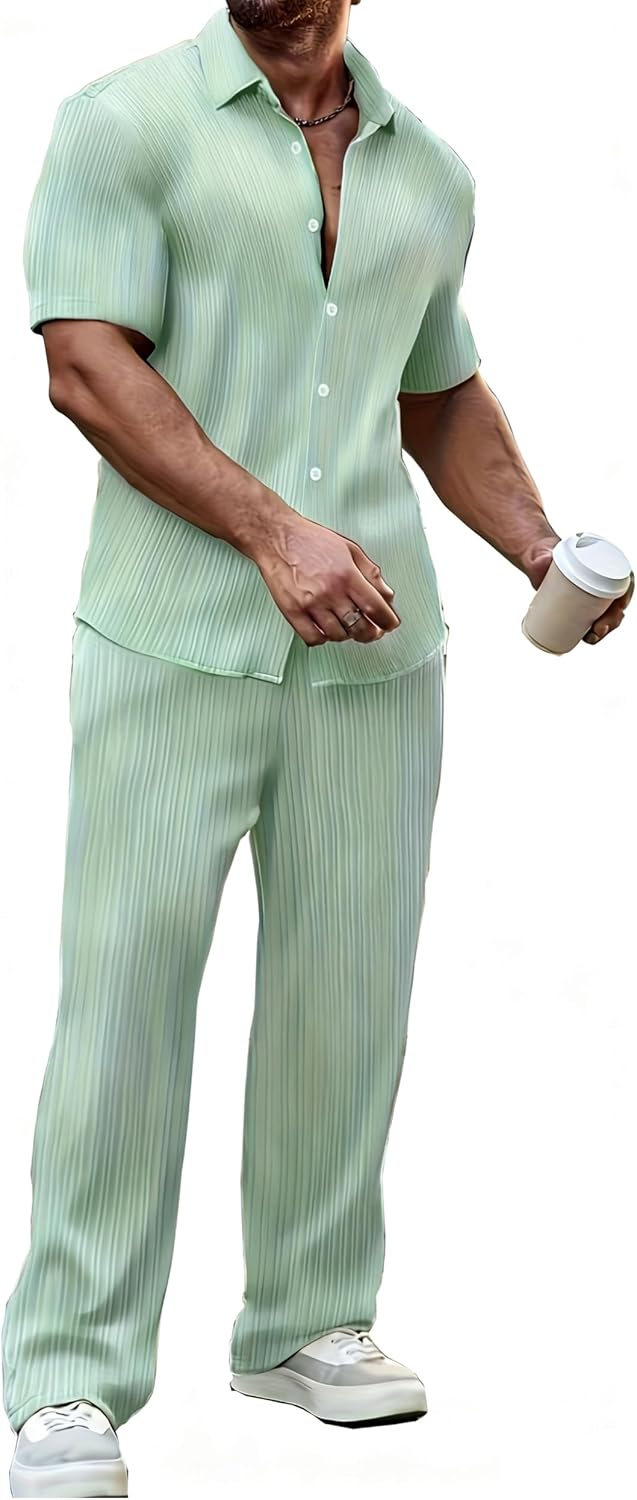 Men's 2 Piece Outfit Button Down Short Sleeve Loose Pants Set Summer Beach Vacation Outfits