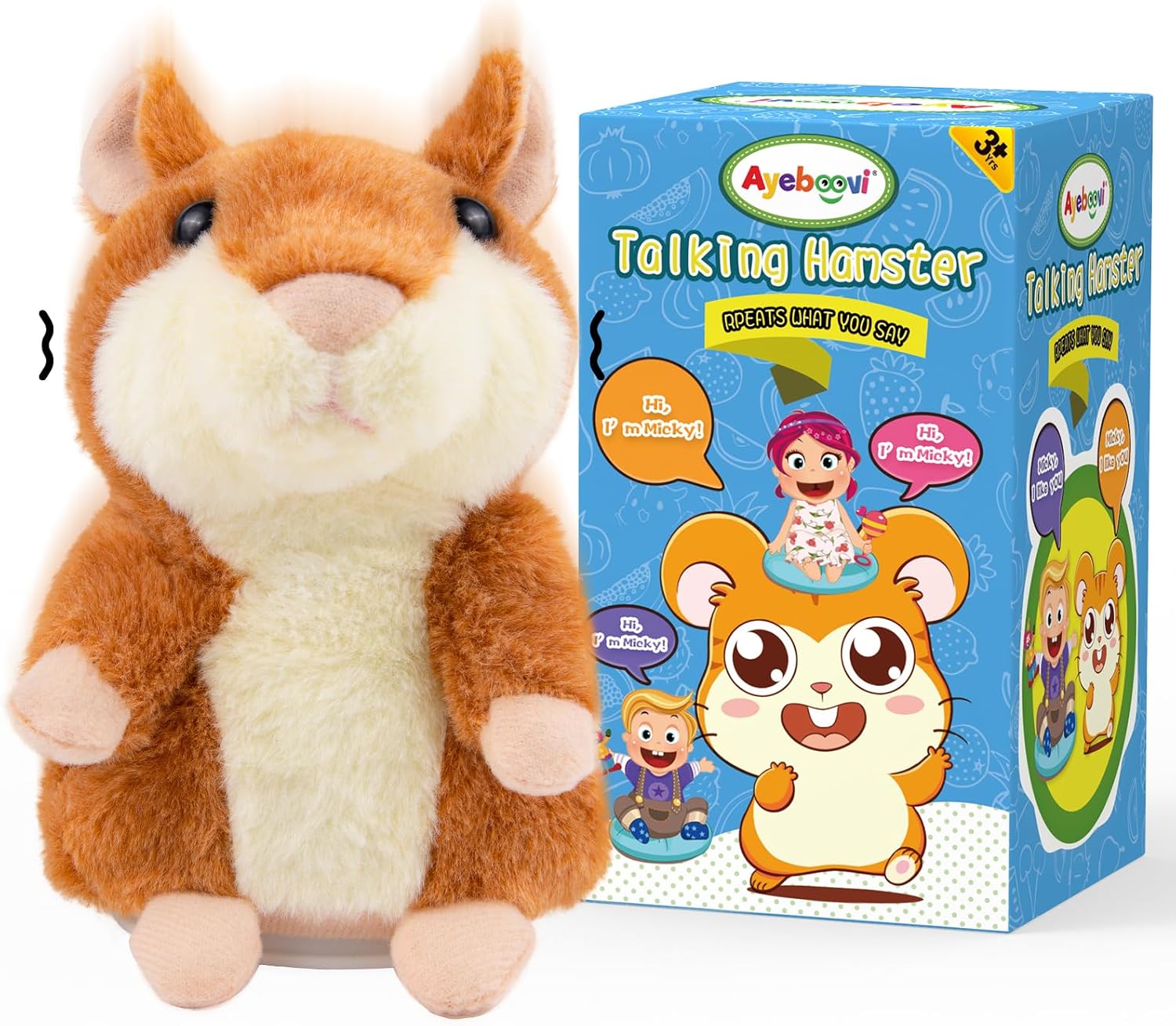 Ayeboovi Talking Hamster Repeats What You Say - Birthday Gifts for 3 4 5 6 Year Old Girls, Boys, Toddler, Kids - Stuffed Animal Toys for Learning, Interactive, Sensory, Companion - Brown