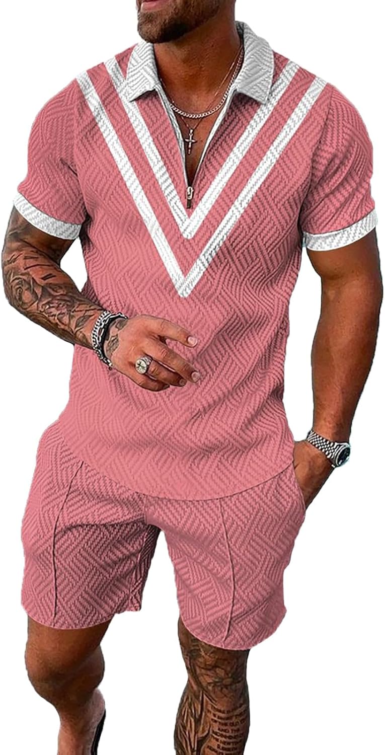 BIRW Men's Summer 2 Piece Tracksuit Set Fashion Casual Short Sleeve Polo Shirt and Shorts Set