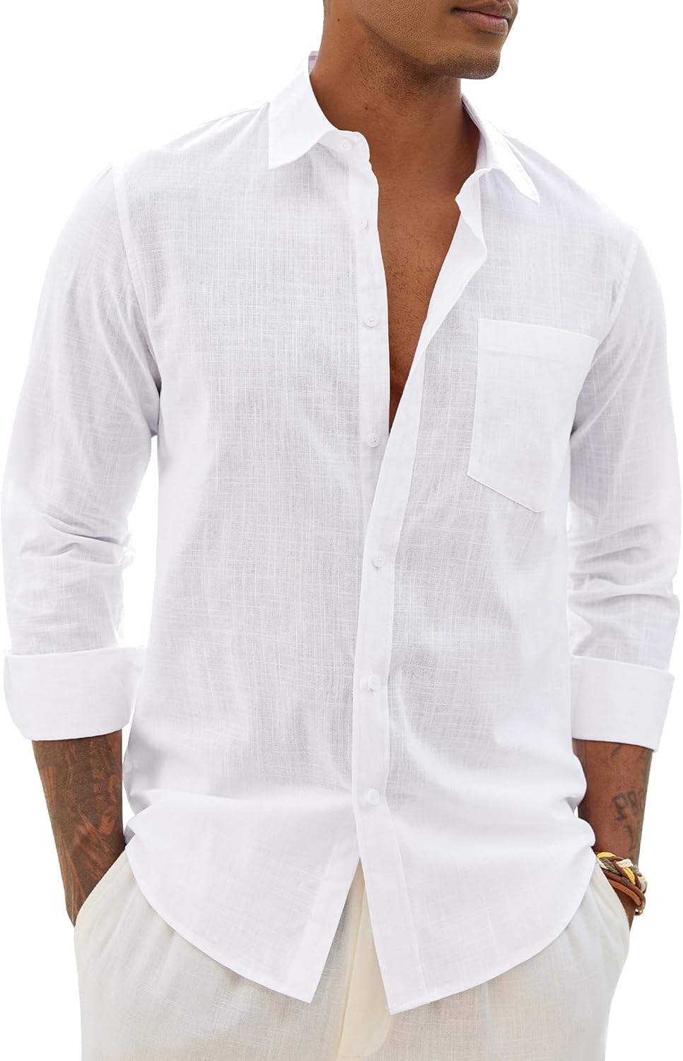 Alimens & Gentle Mens Cotton Linen Textured Shirt Long Sleeve Button Down Shirts Casual Summer Beach Wedding Tops with Pocket