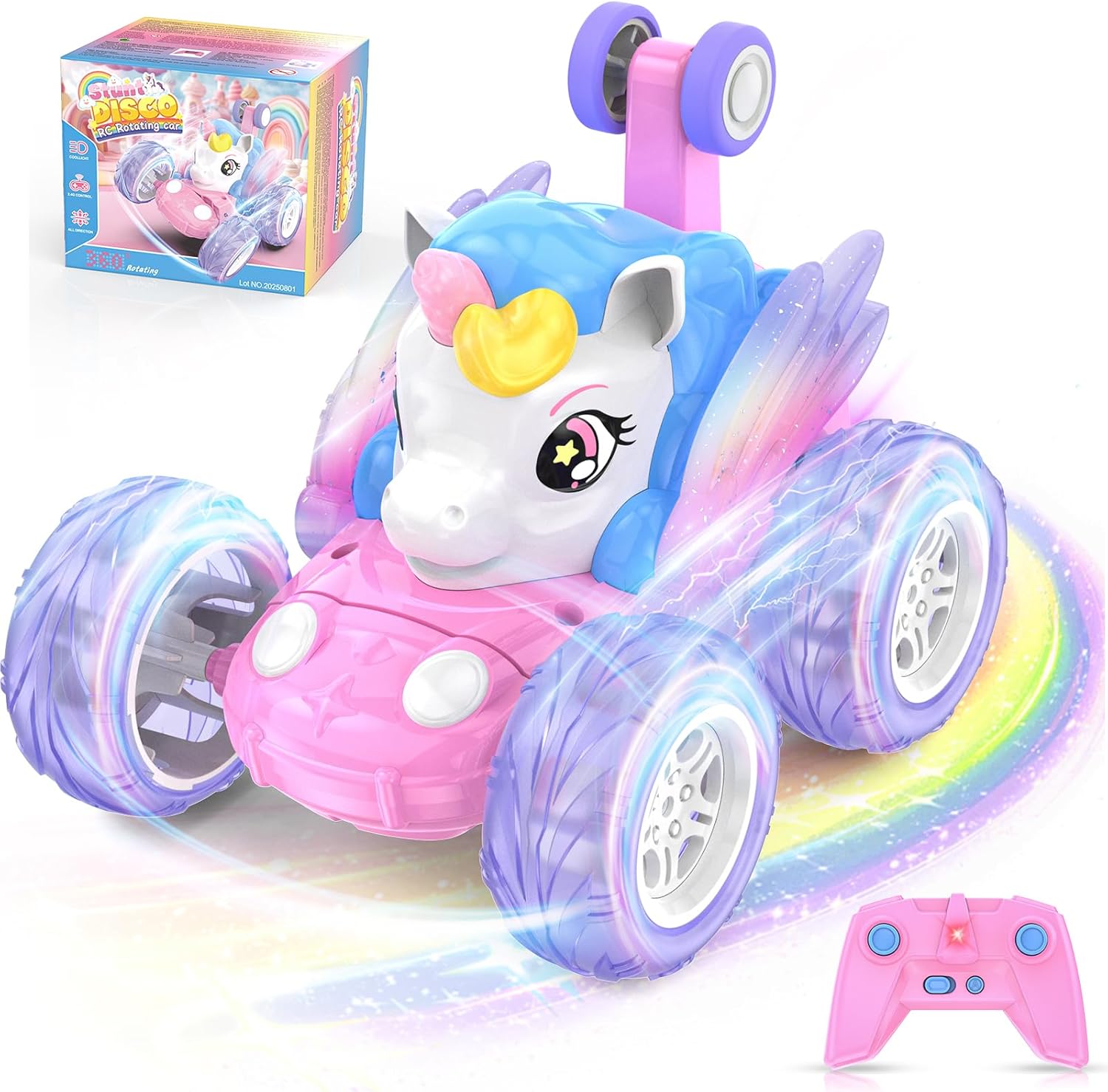 Unicorn Remote Control Car for Girls 3 4 5 6 7 8 Years Old, Pink Monster Truck with Colourful Light 360°Flip RC Stunt Car Rechargeable Kids Toy Birthday Gift/Present Juguete Carros Regalo Para Niñas