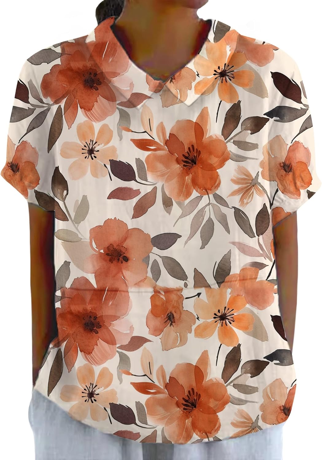 Boho Floral Print Shirt for Women Dressy Casual Lapel Collar Wildflower Graphic T-Shirt Short Sleeve Summer Trendy Top
