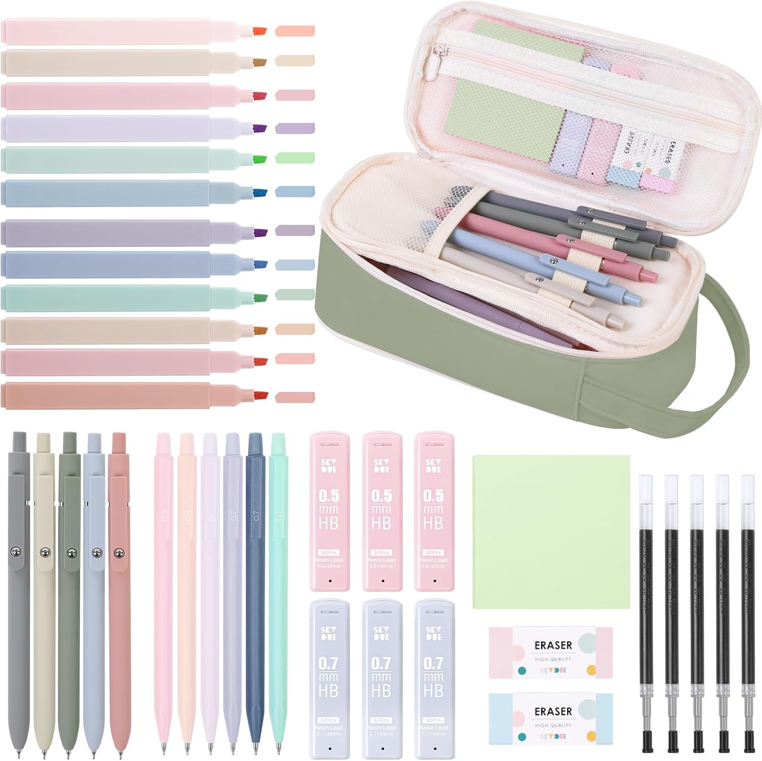 SKYDUE Aesthetic School Supplies Kit, 38 PCS Stationery Set with Large Pencil Case, Pens, Mechanical Pencil Set, Highlighters, Sticky Notes & Refills for Students, College & Back to School