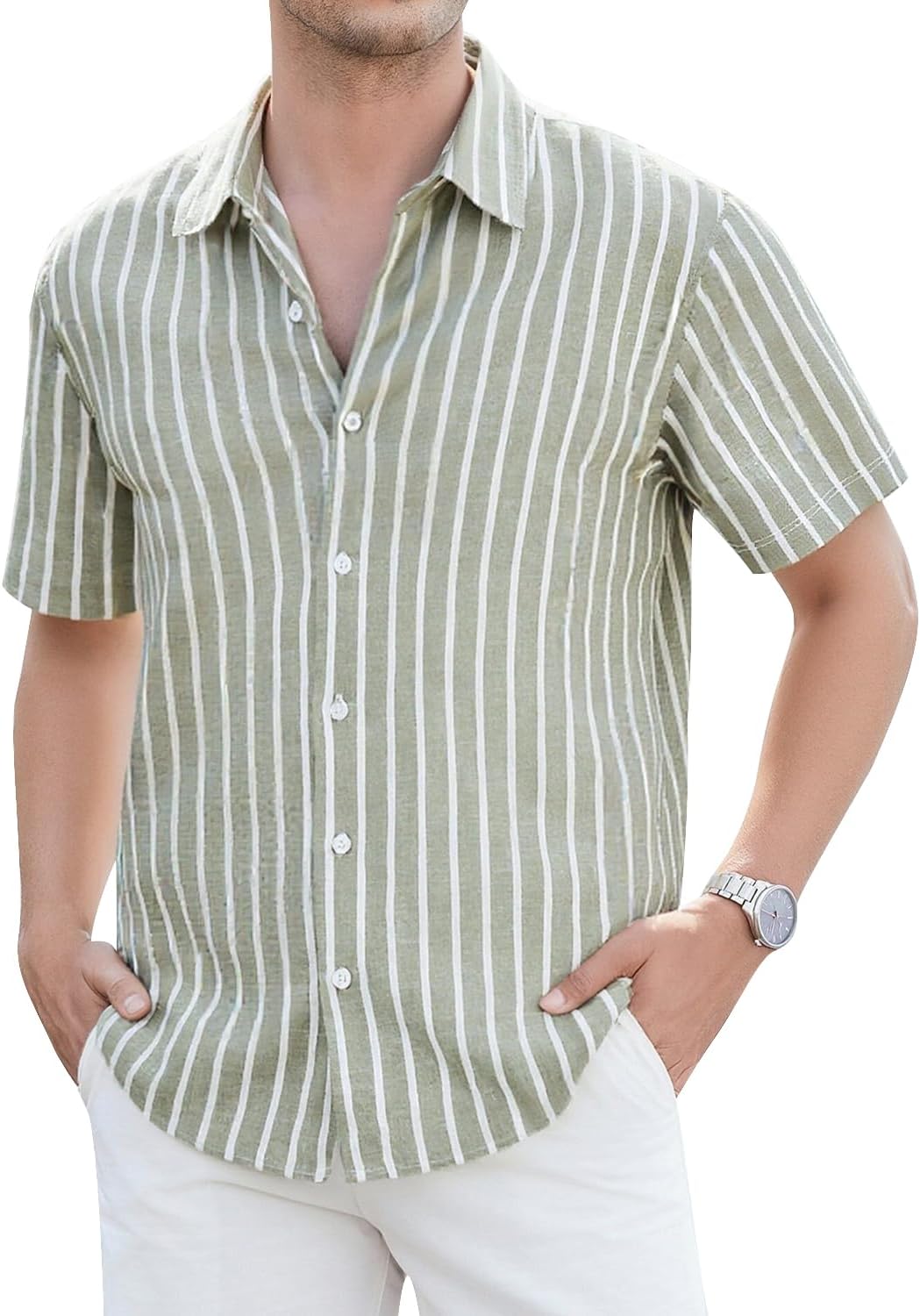 Damipow Mens Linen Shirts Short Sleeve Cotton Striped Casual Button Down Shirt Beach Vacation Summer Shirts