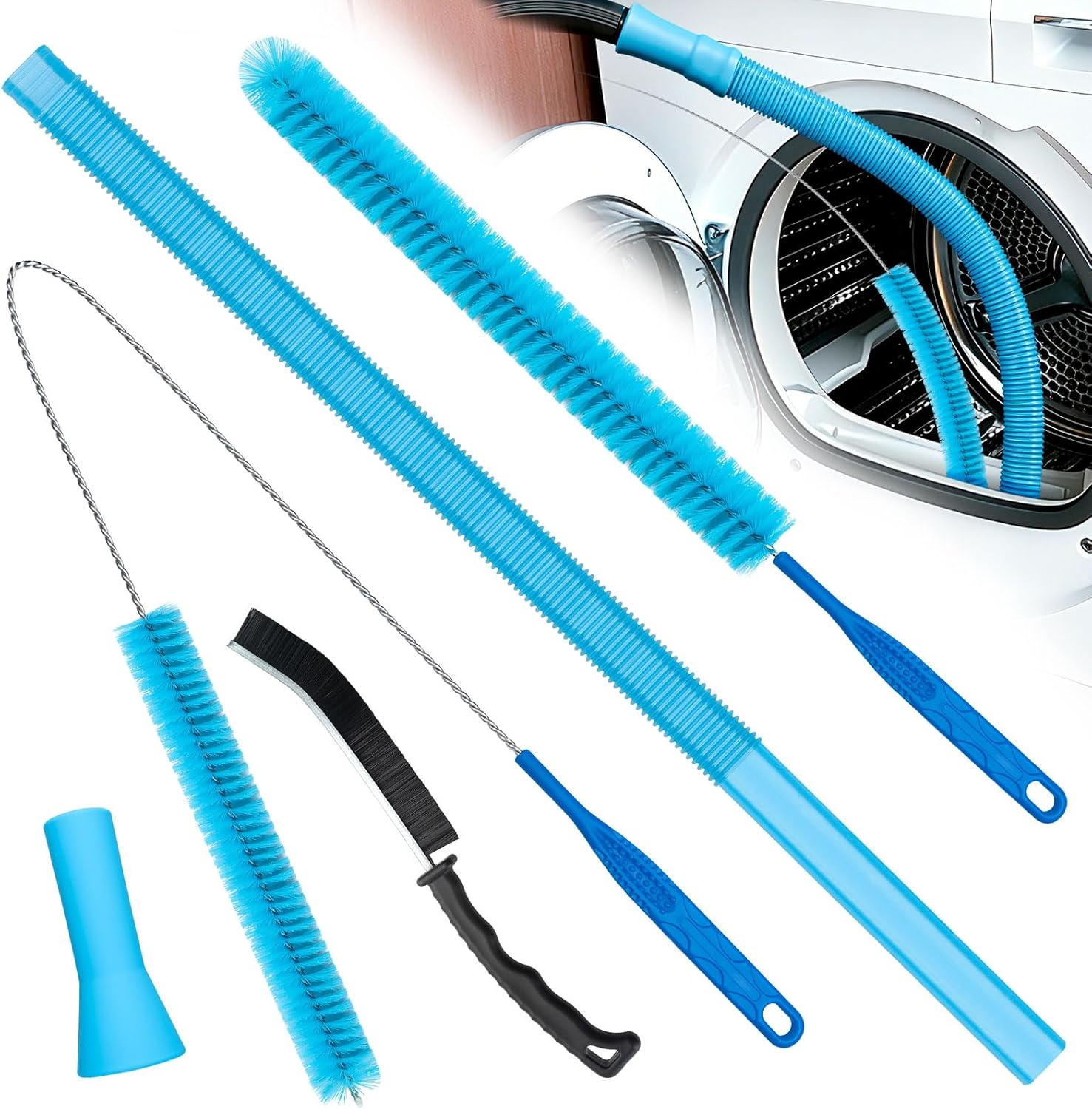 Dryer Vent Cleaner Kit,4 Pieces Dryer Lint Cleaner Vacuum Attachment & Brush Tool–Dryer Vent Cleaning Kit for Front Load,Dryer Lint Trap Cleaner with Hose,Dryer Vent Cleaner for Lint Removal (Blue)