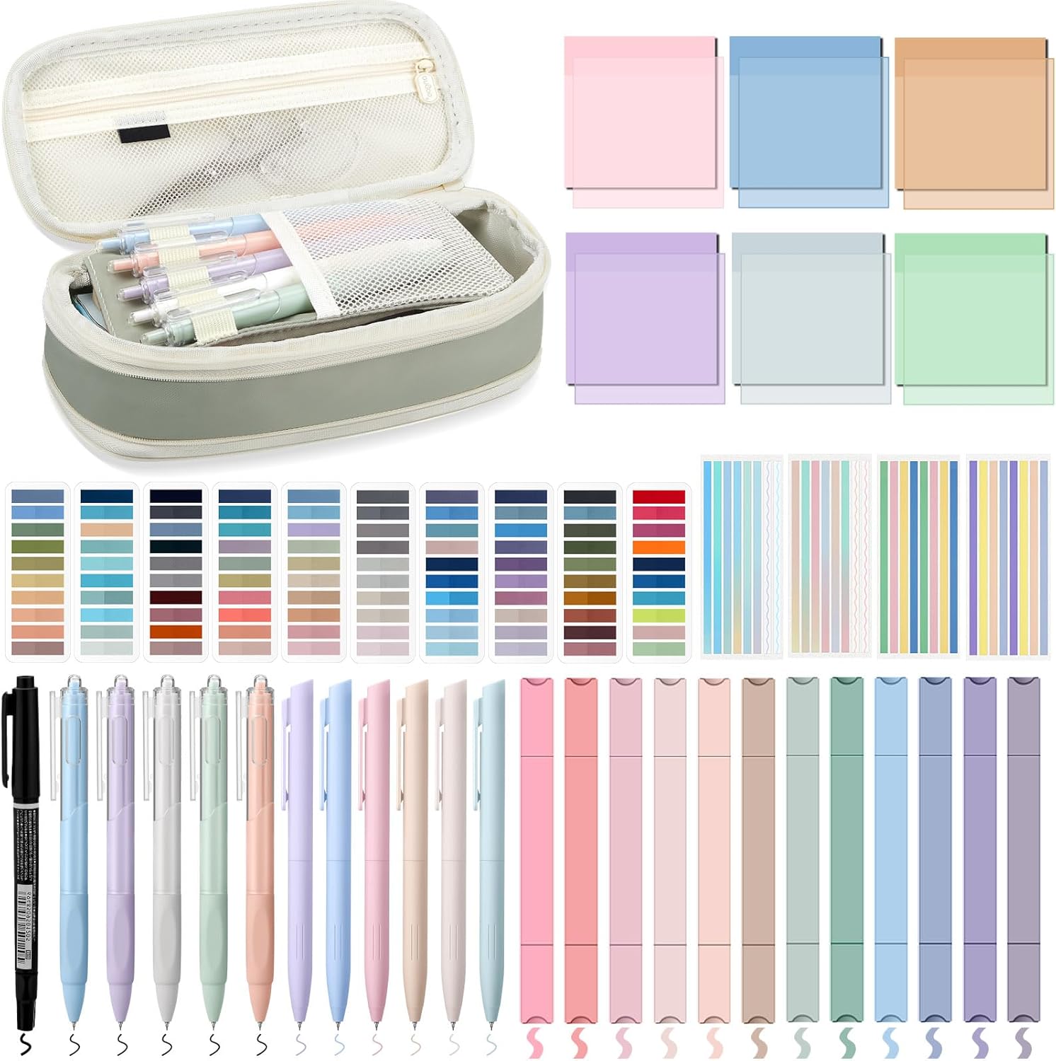 135 Pcs Book Annotation Kit with Pencil Case, 12 Pastel Highlighters, 11 Gel Pens, Fine Marker, 300 Transparent Sticky Notes, 2640 Index Tabs, Bible Study Supplies Kit(Classic,Light Green)