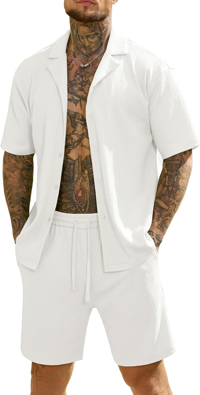 JEMLDL Men's 2 Piece Shorts Set Summer Beach Outfits Short Sleeve Button Down Shirts Vacation Textured Sets