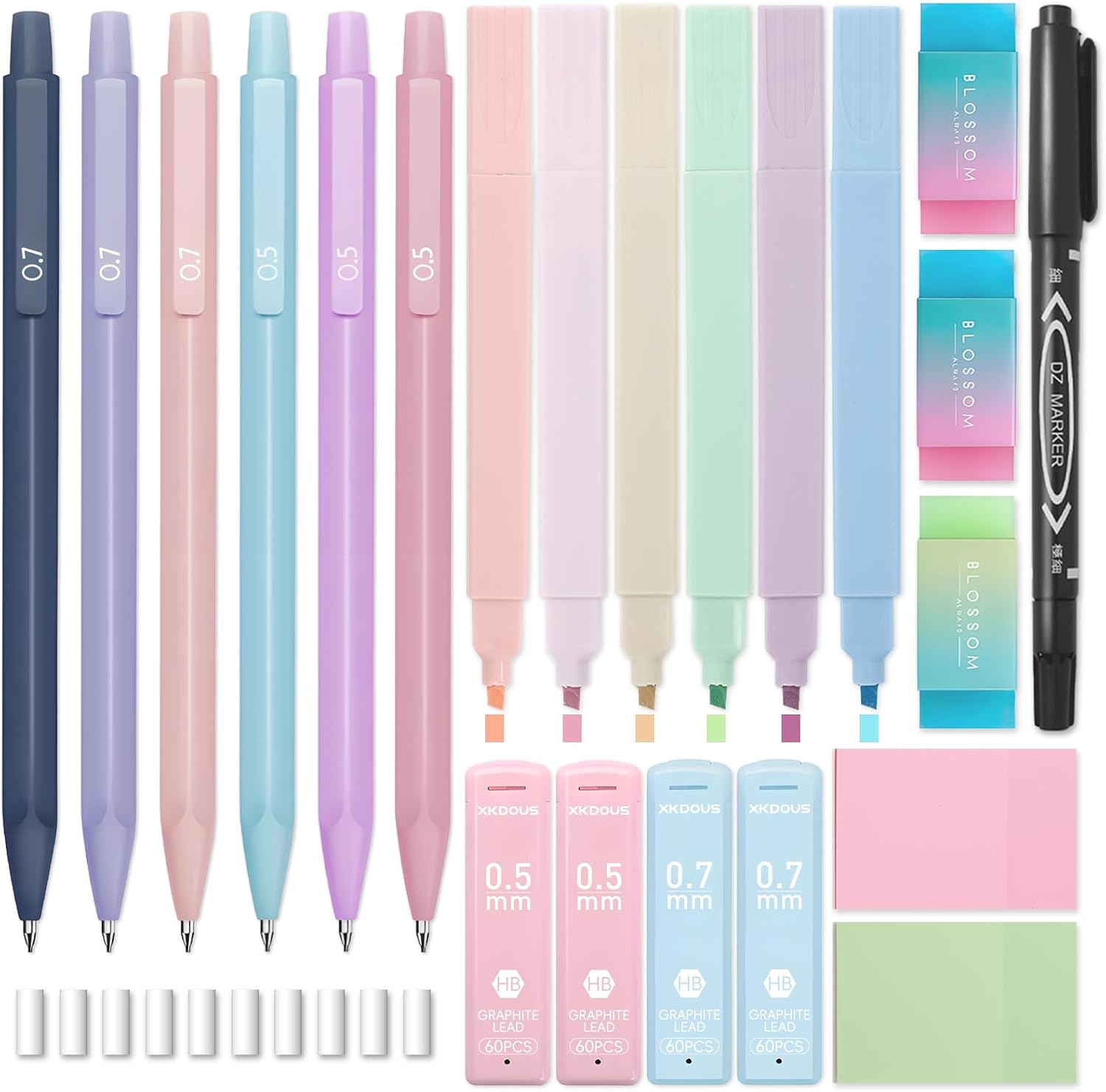 XKDOUS 23PCS Aesthetic School Supplies, Mechanical Pencils 0.5 & 0.7mm with 240 Lead Refills, Pastel Highlighters, Transparent Sticky Notes Stationary Set for Planning, Journaling and Back to School