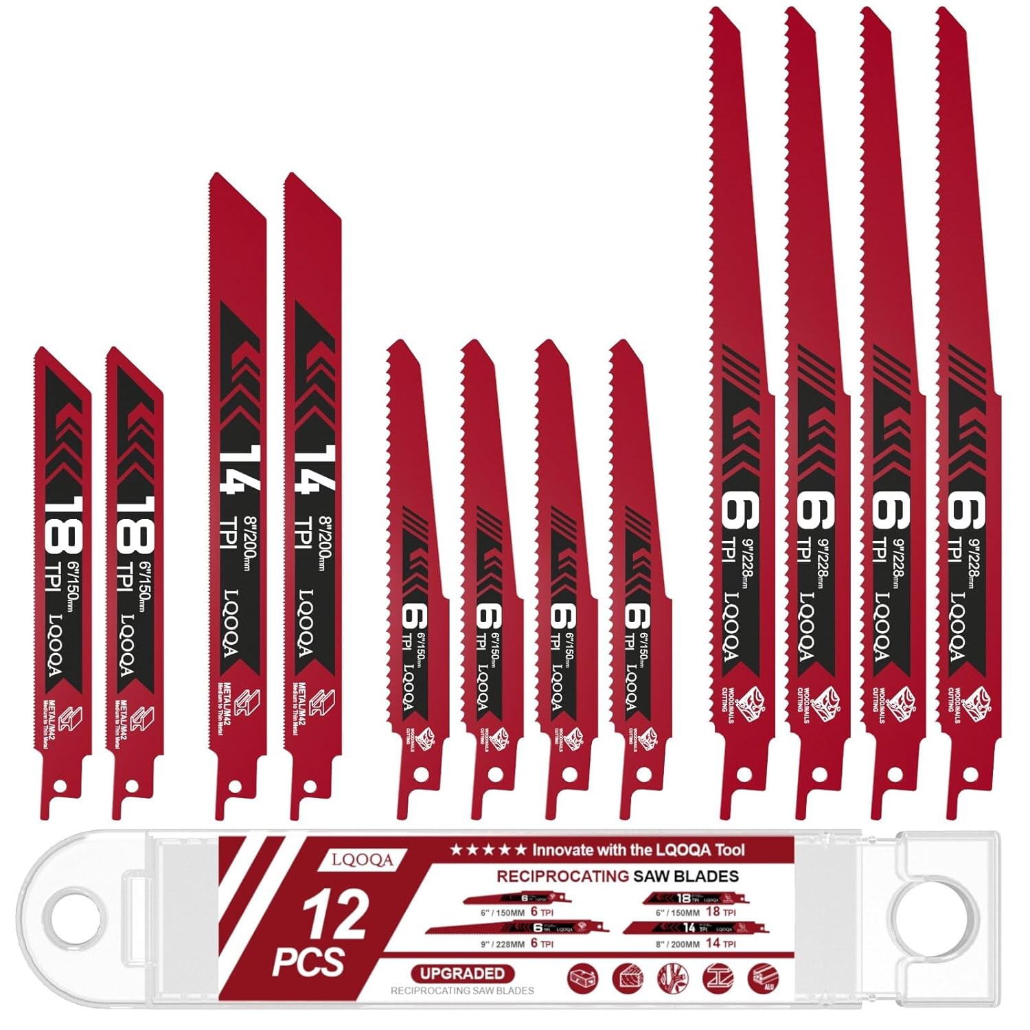 12-Piece Bi-Metal Reciprocating Saw Blade Set，Premium 6 & 8 & 9 Inch Wood & Metal Cutting Saw Blades withstorage Box，Long-Lasting Pruning Blades