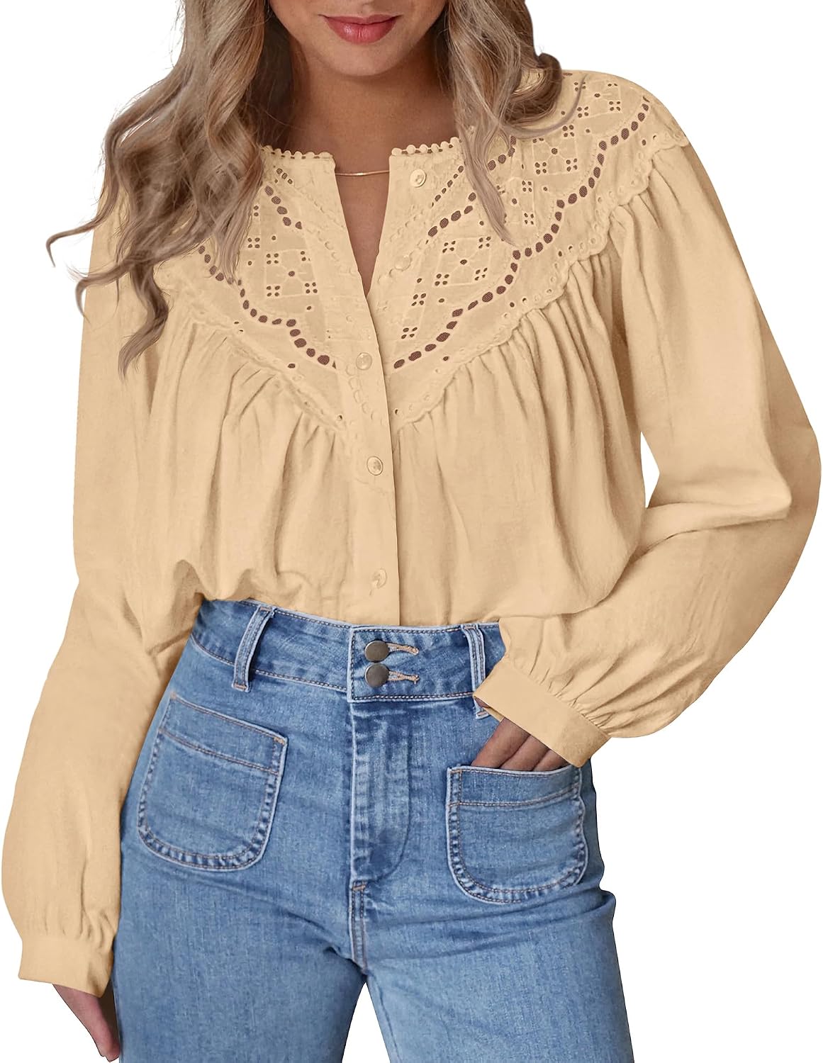 BTFBM Blouses for Women Dressy Casual Fall Clothes 2025 Lace Long Sleeve Tops Lightweight Spring Button Down Shirts