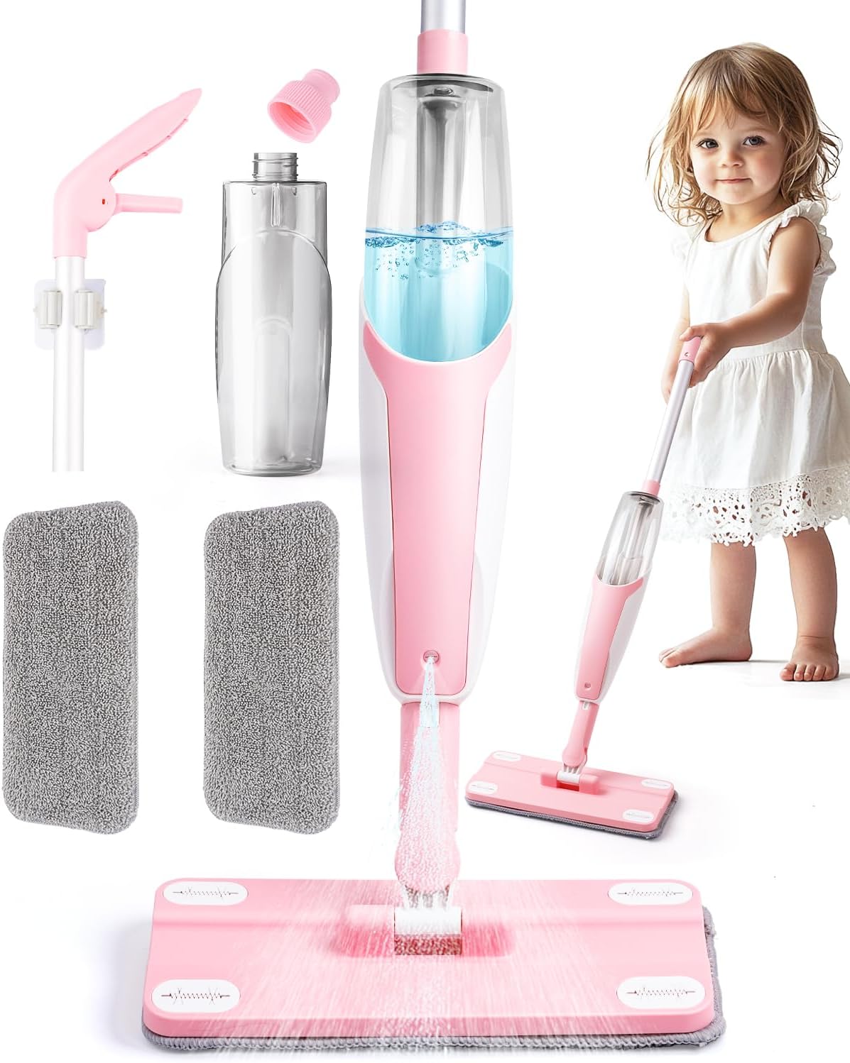 Pink Mini Spray Mop for Toddler-Girls Montessori Cleaning Toy that Real Spray Water,Pretend Playhouse Essentials for Girls Ages 3-8,Toddler Educational Housekeeping Set