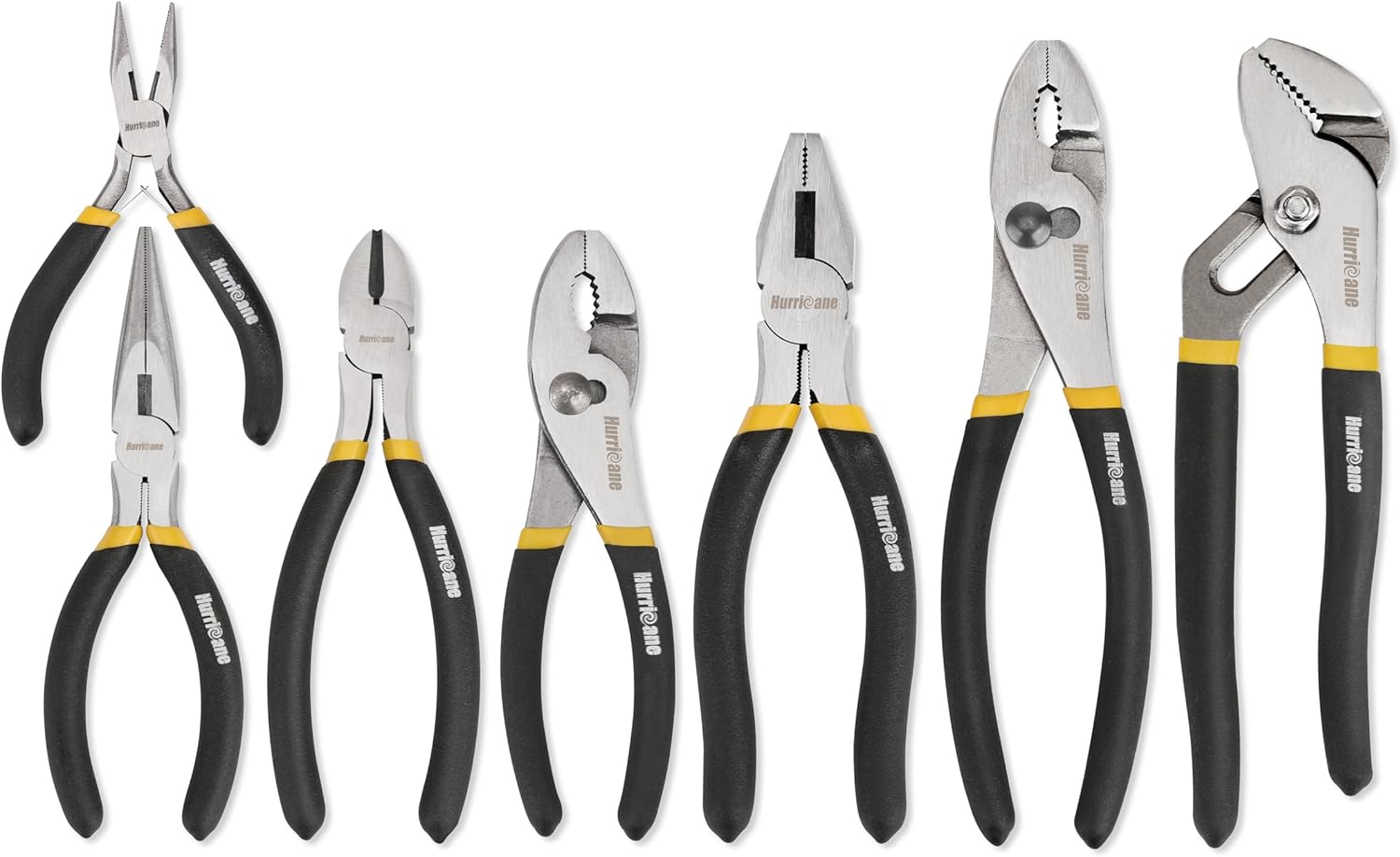 HURRICANE 7-Piece Pliers Set – 8" Water Pump, 8"/6" Slip Joint, 7" Linesman, 6" Diagonal, 6" & Mini Long Nose, Carbon Steel, Anti-Slip Double-Dipped Handle for Home, DIY, Automotive