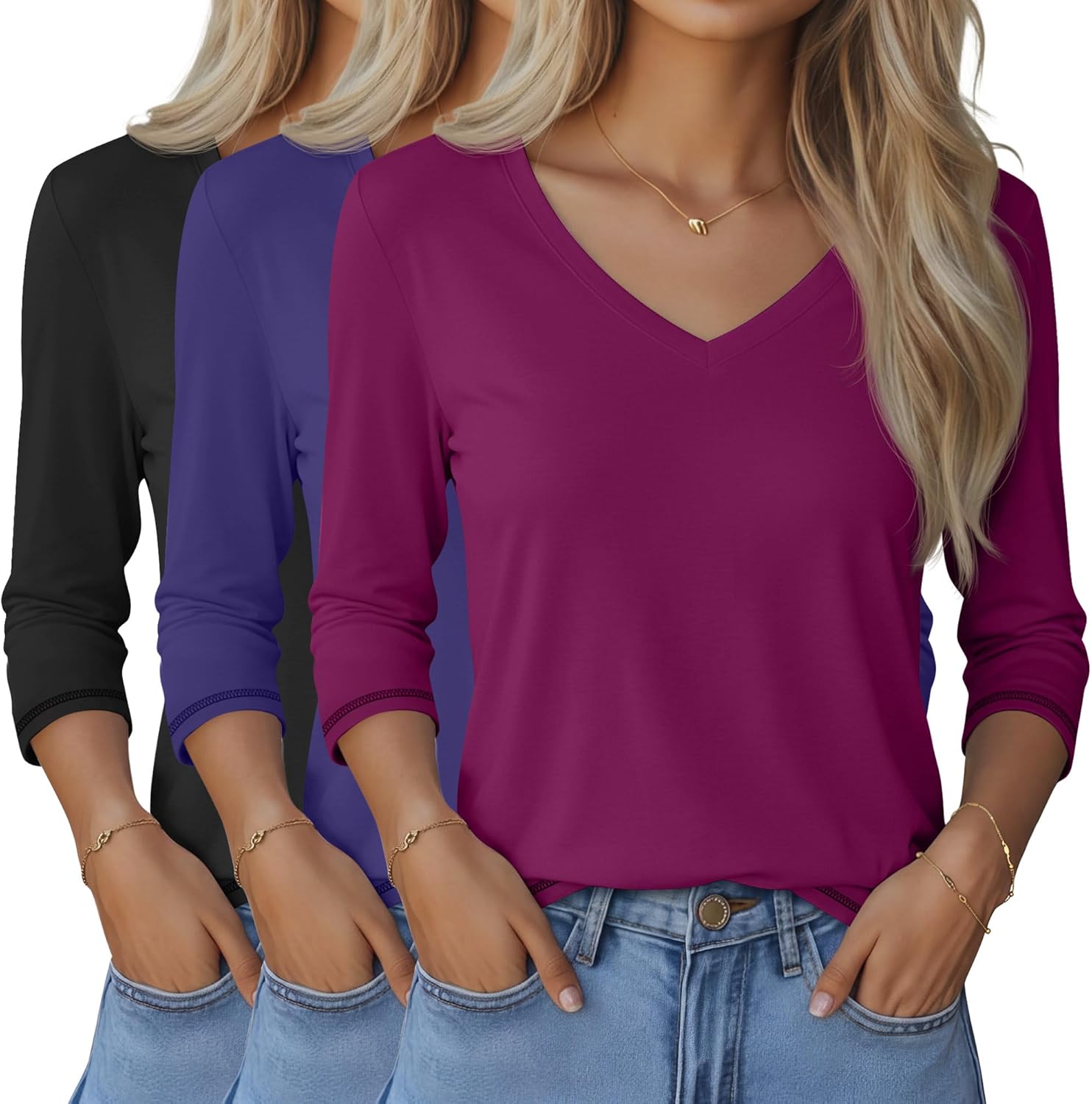 Ficerd 3 Pack Women's 3/4 Length Sleeve Tops V Neck T Shirts Dressy Ladies' Tees Blouses Loose Fit Trendy Casual Shirts