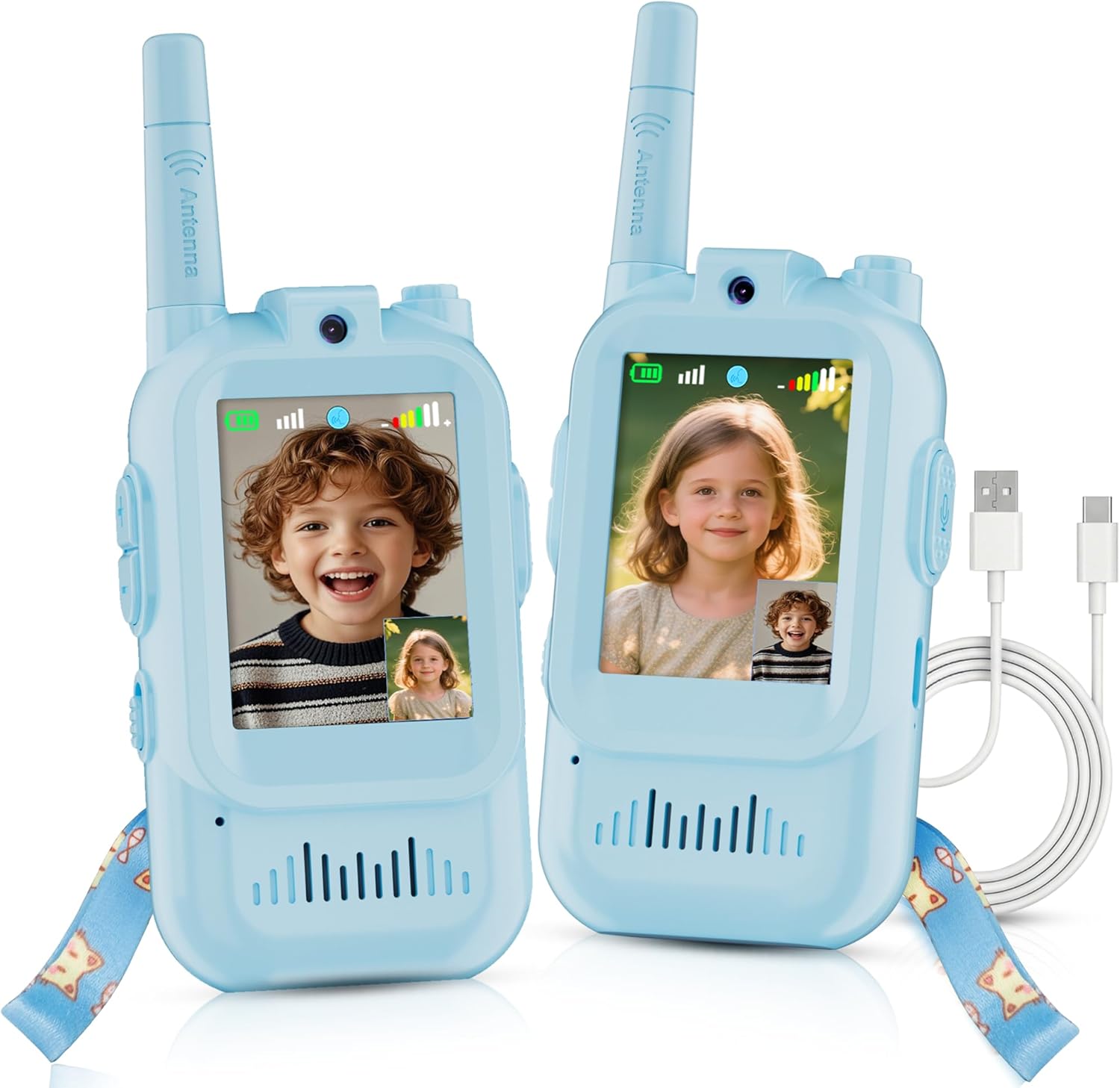 Walkie Talkie for Kids with Video: 2 Pack Rechargeable Toddler Toys with HD Camera & Voice Changer, Long Range Gift Toys for Boy & Girl Age 3-8 for Outdoor Play, Camping (Blue-Blue)