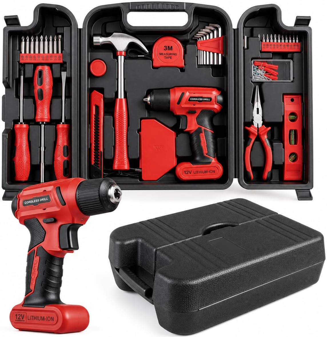 TLGREEN 101 Pcs 8V Cordless Drill and Tool Set, USB-C Rechargeable Power Tool Kit with Brushless Motor & Fast Charge, Lightweight Home Tool Kit for DIY, Repair, and Maintenance with Storage Case（Red)