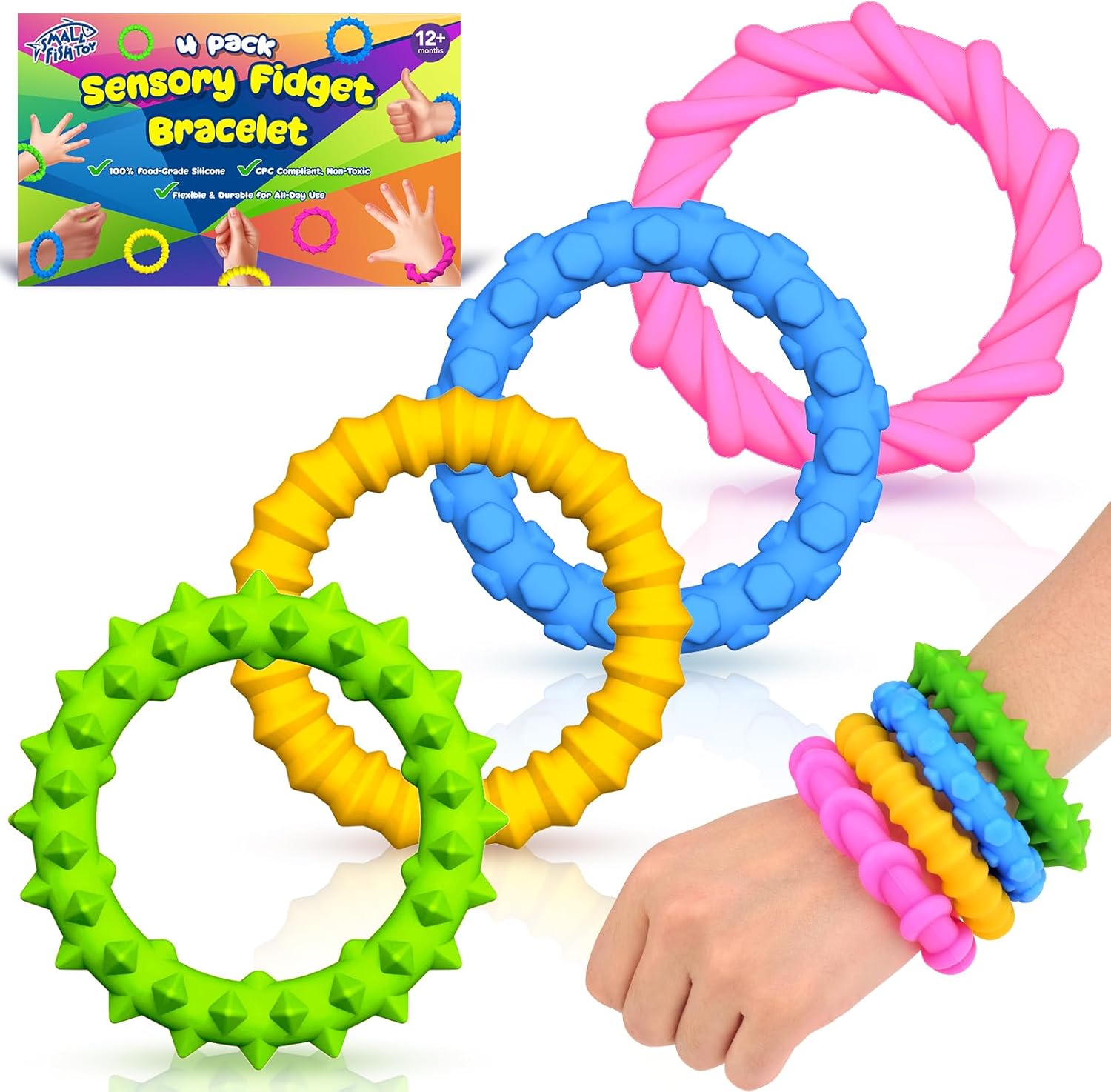 Sensory Fidget Toys for Kids Toddlers Autism 4 Pack Silicone Chew Bracelets | Quiet Textured Silicone Bracelets for Classroom Prizes, Calming Autism Sensory Toys and Travel Fidgets for Kids and Toddle