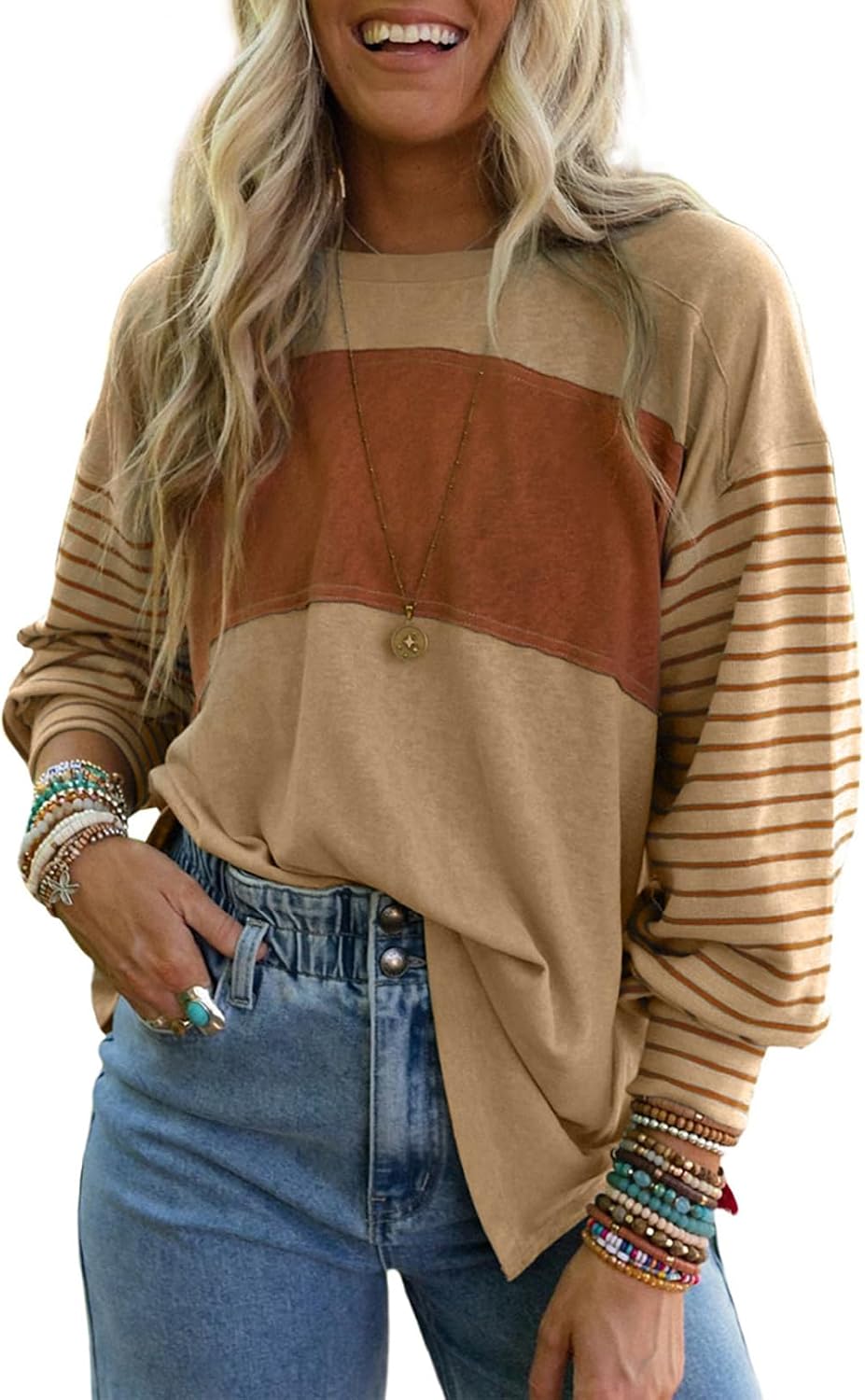 Dokotoo Long Sleeve Tops Oversized 2026 Trendy Round Crew Neck Casual Color Block Womens Shirts Blouses