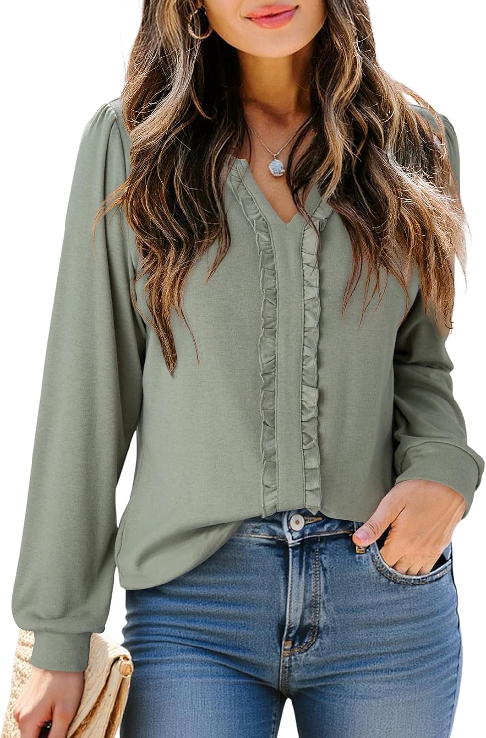 Dokotoo Women's V Neck Ruffle Blouses Long Sleeve Casual Work Tops Loose Fit Pullover Shirts