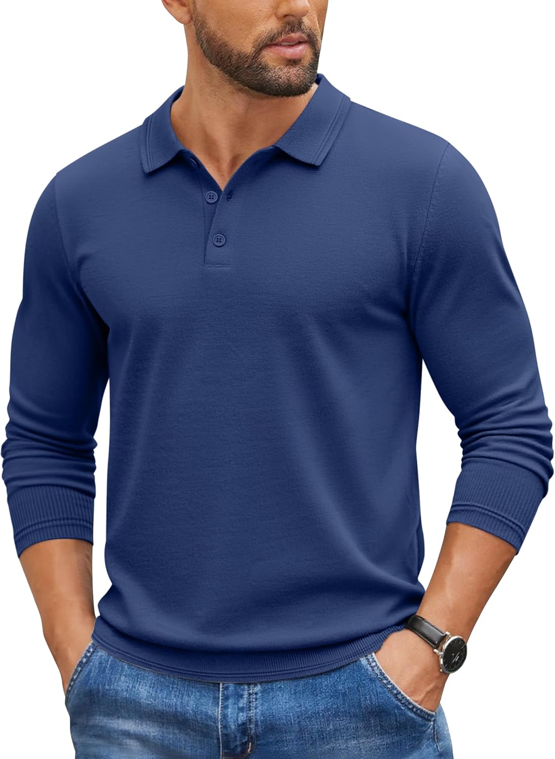 COOFANDY Mens Knit Polo Sweater Long Sleeve Casual Golf Polo Lightweight Dress Button Collar Pullover Sweaters