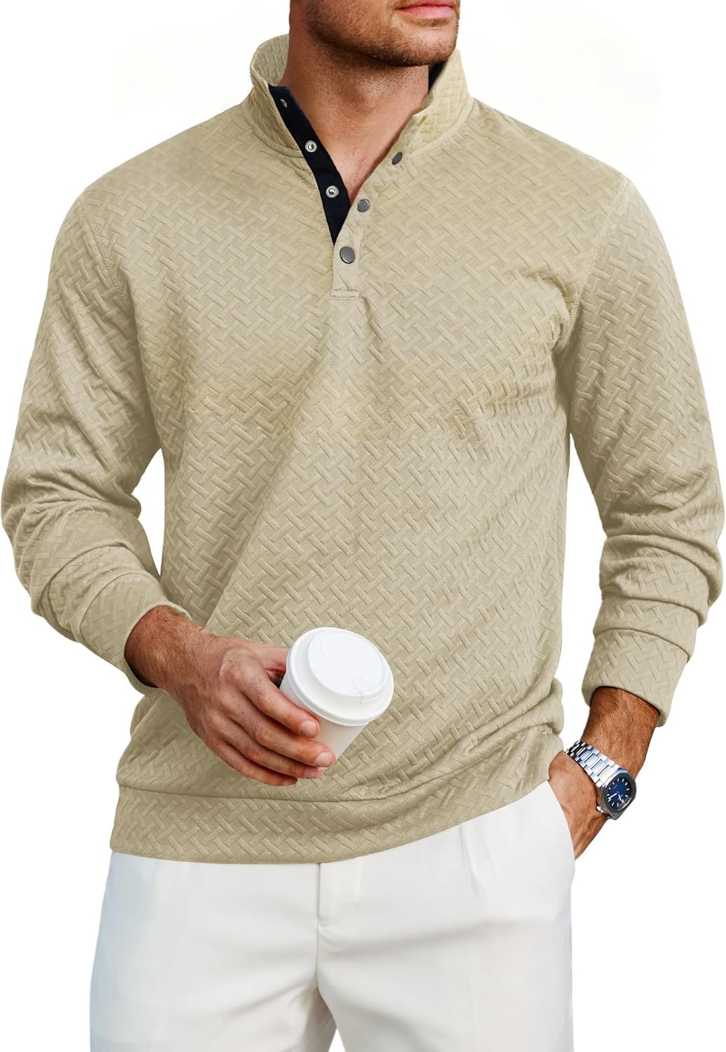 Lexiart Mens Fashion Quilted Long Sleeve Sweatshirts Thermal Stand Collar Quarter Button Up Pullover Sweatshirt