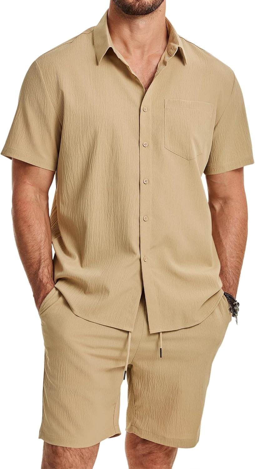 JMIERR Mens 2 Piece Short Sets Short Sleeve Shirts and Shorts Summer Beach Vacation Texture Outfits