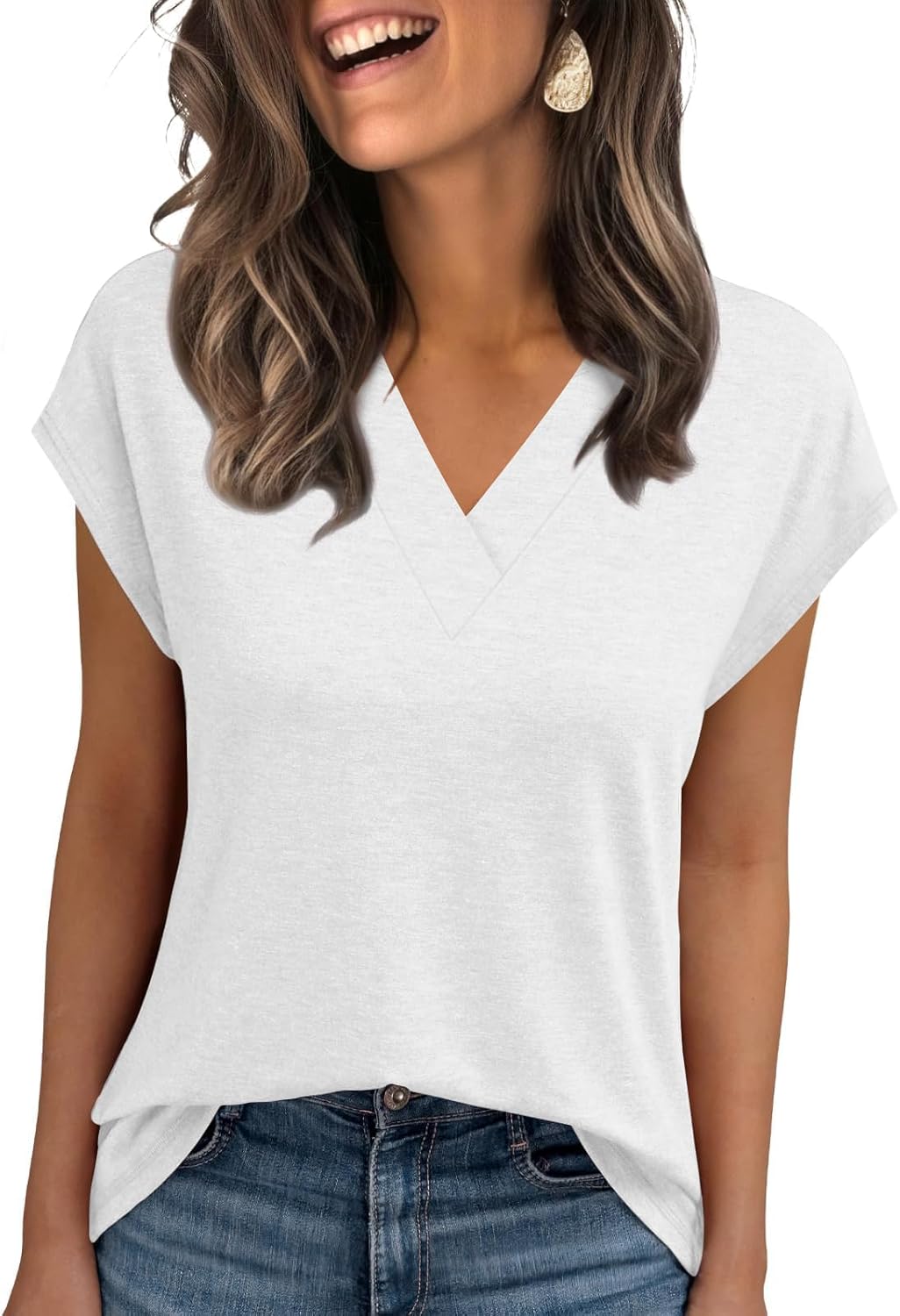 Womens Summer Tops Casual Spring V Neck T Shirts Cap Sleeve Basic Trendy Blouses Beach Vacation Clothes Fashion Outfits 2026