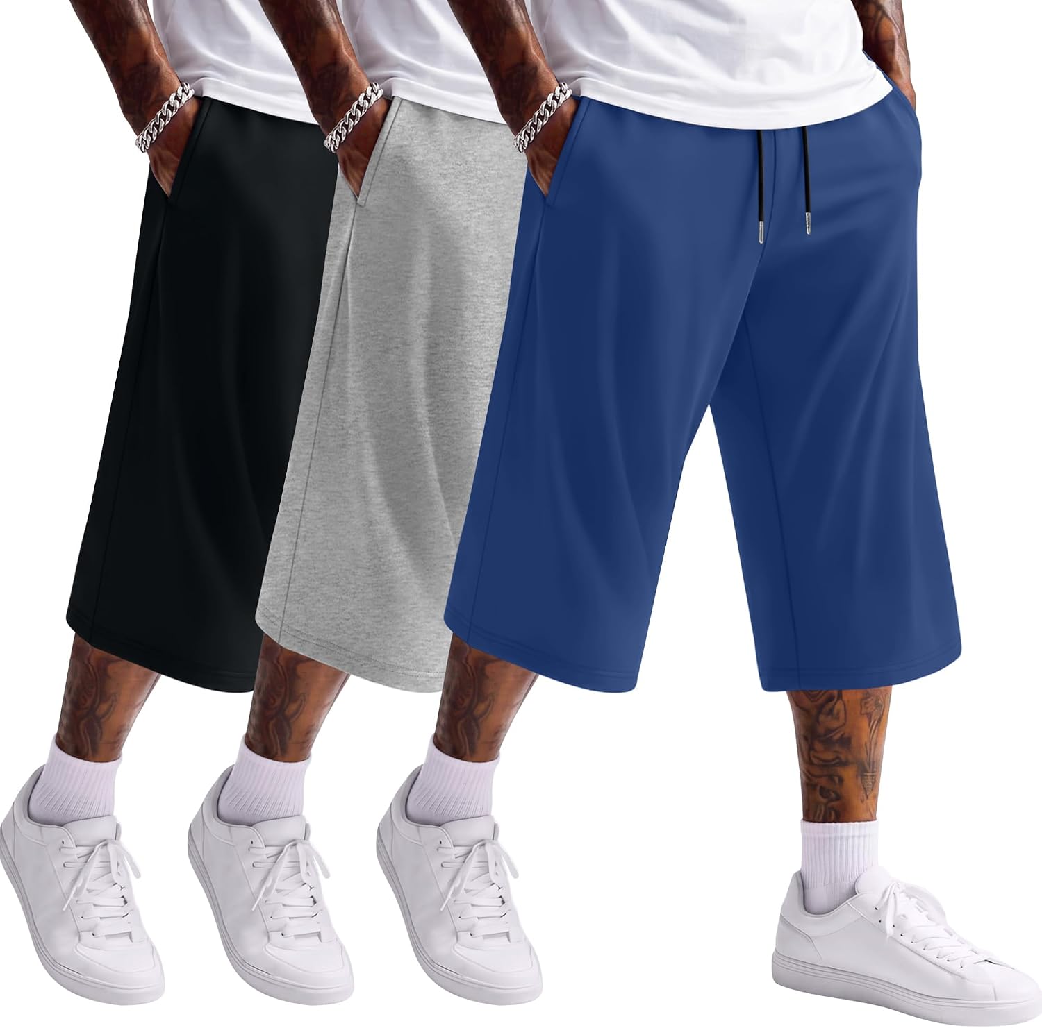 Neer 3 Pack Men's Baggy Capri Pants Plus Size Below Knee Casual 3/4 Shorts Big and Tall Summer Drawstring Pants with Pockets