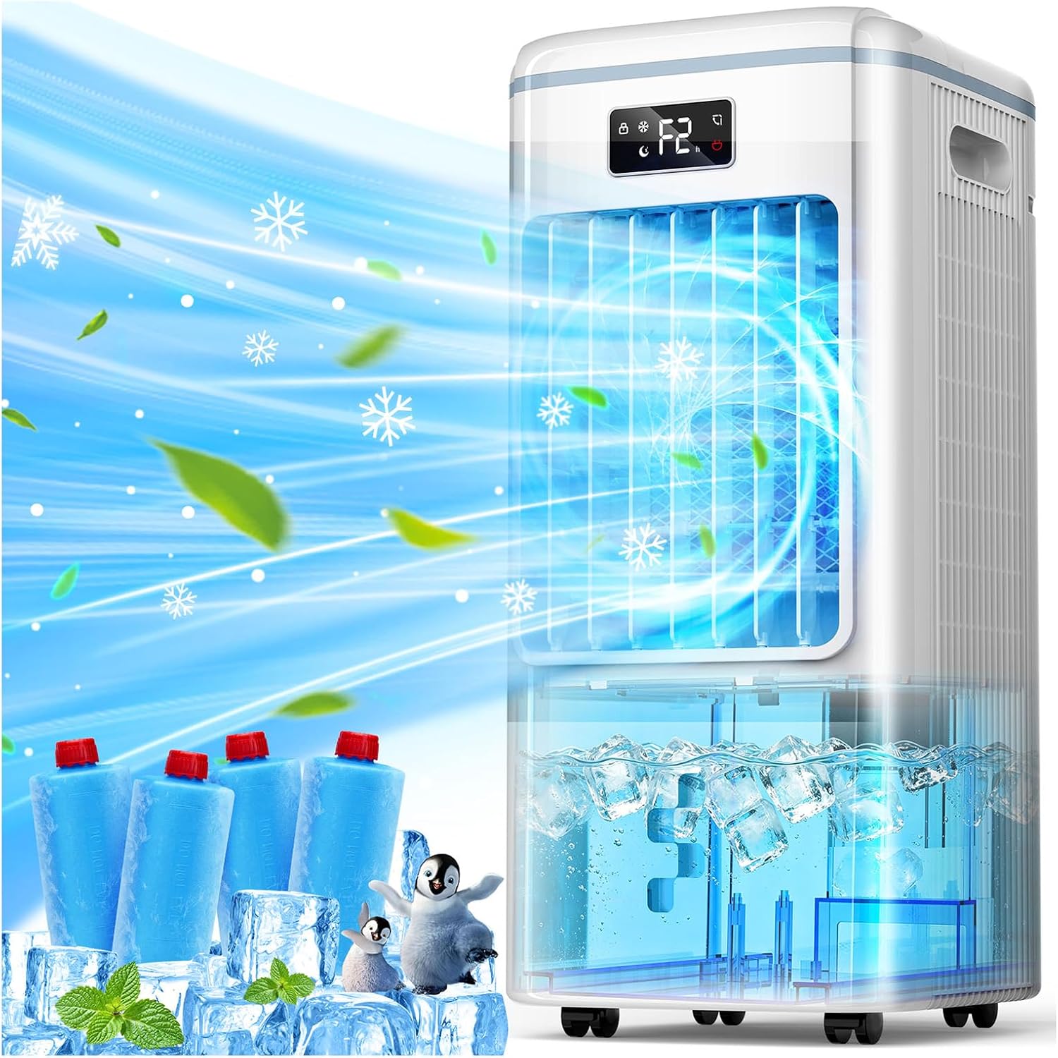 Portable Air Conditioners, Swamp Cooler with 4 Modes 3 Speeds, 4 Ice Packs, Windowless Air Conditioner w/12H Timer, 120°Oscillation, Evaporative Air Cooler Fan for Room Bedroom Home Office (White)
