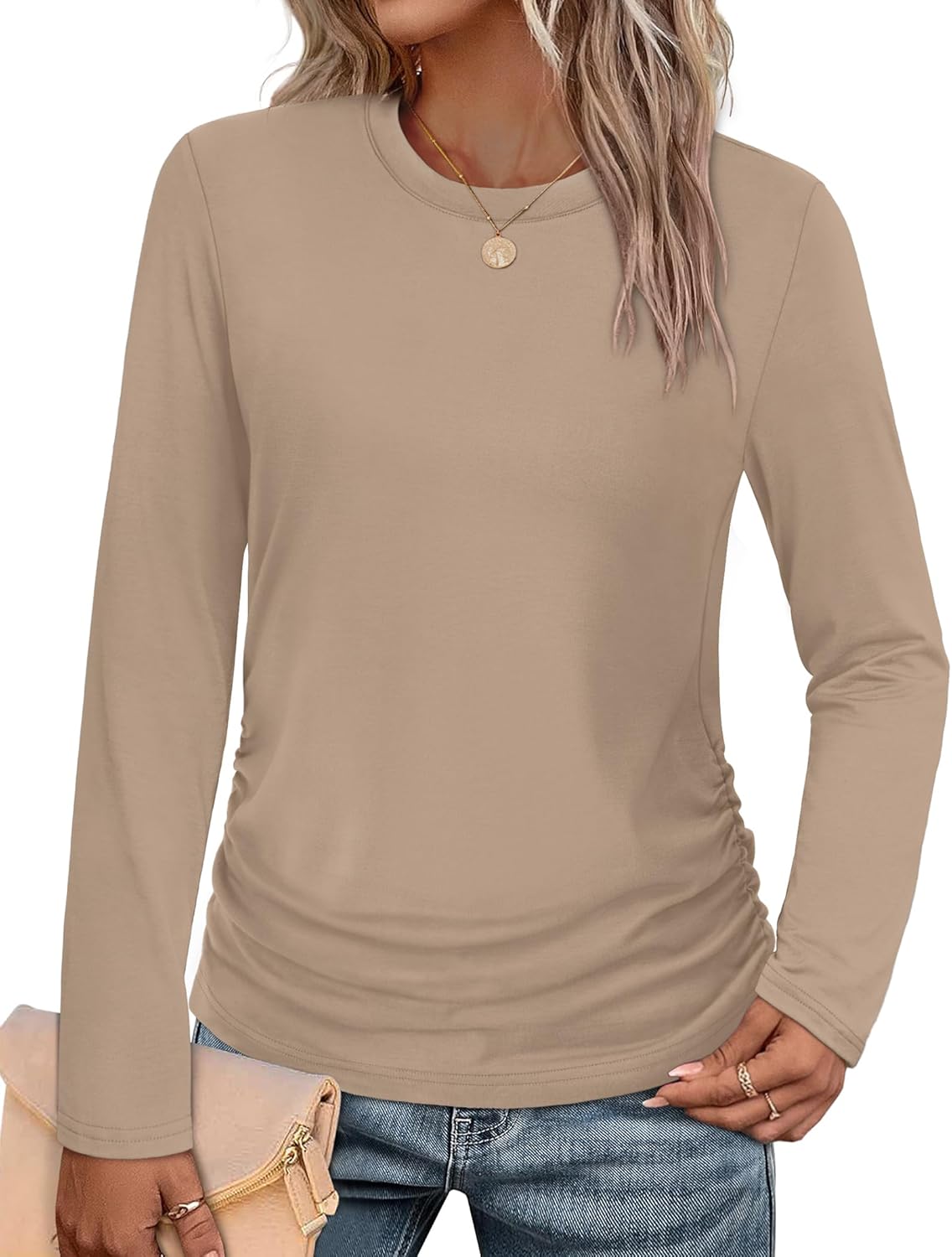 SAMPEEL Long Sleeve Shirts for Women Ruched Fall Tops Crew Neck T Shirts Fashion Clothing 2025