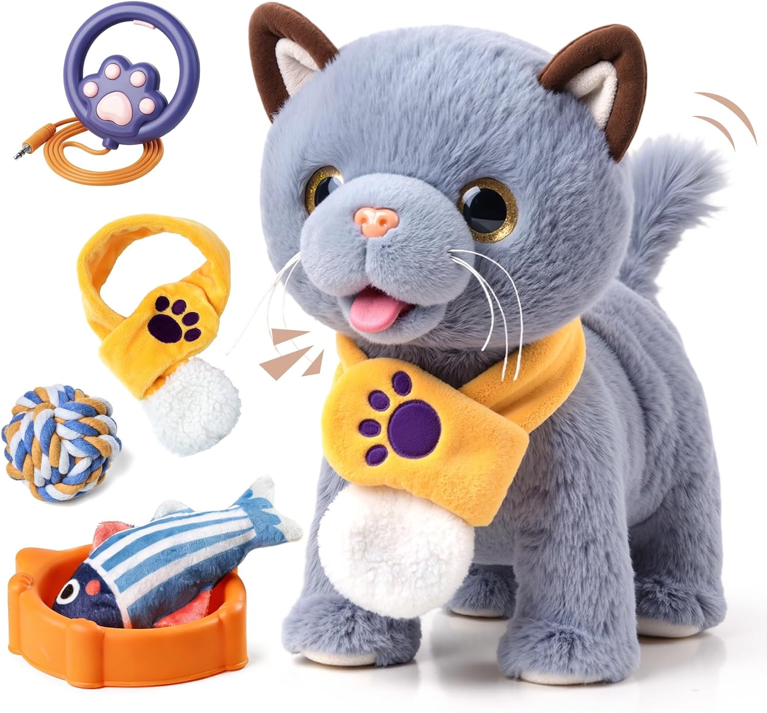 TUMAMA Walking Cat Set, Cat Toys for Kids Age 2 3 4 5+ Years | Wag Tail, Meows, Pretend Dress Up,Sing, Realistic Stuffed Cat