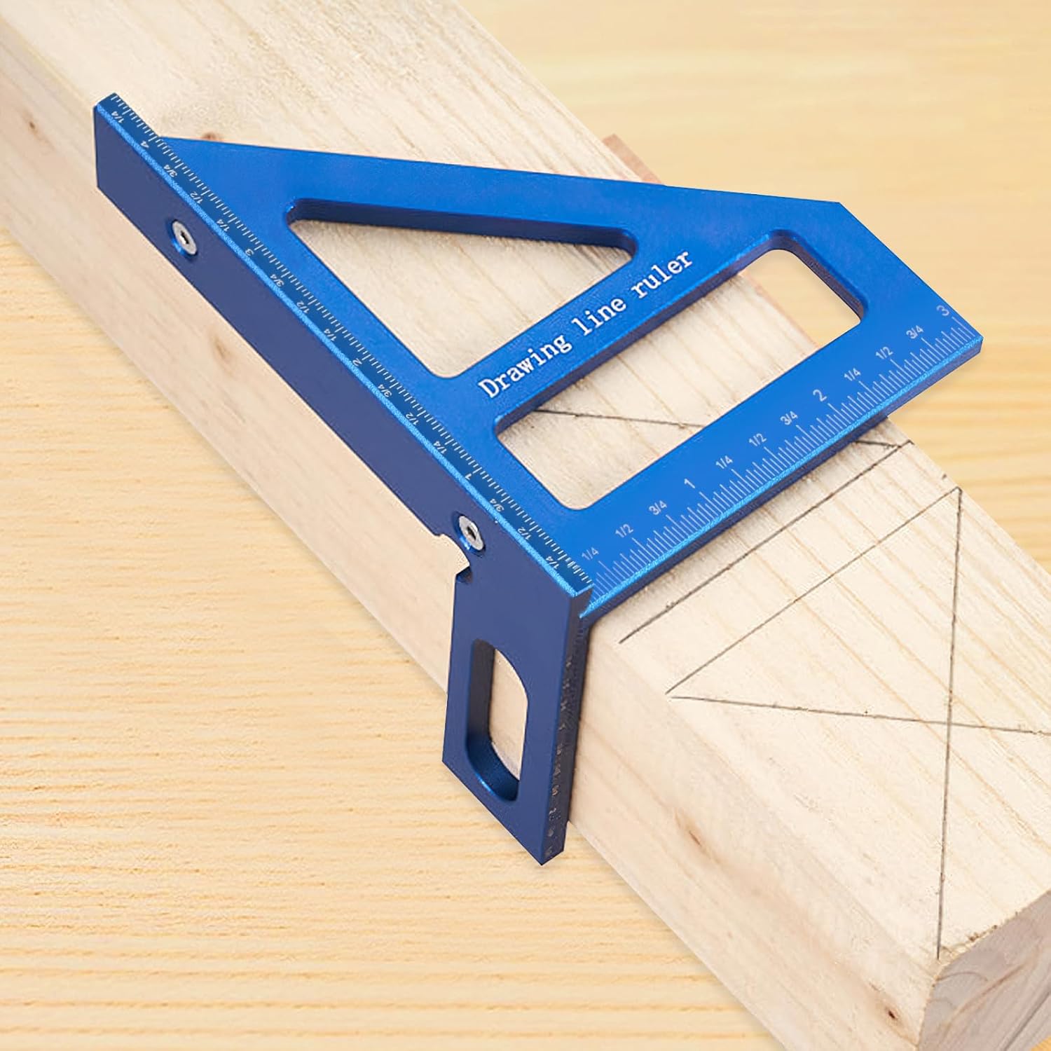 3D Multi-Angle Measuring Ruler, Aluminum Alloy 45°/90° Square Protractor Triangle Rulers, Woodworking Drawing Line Tool, Blue(Imperial)