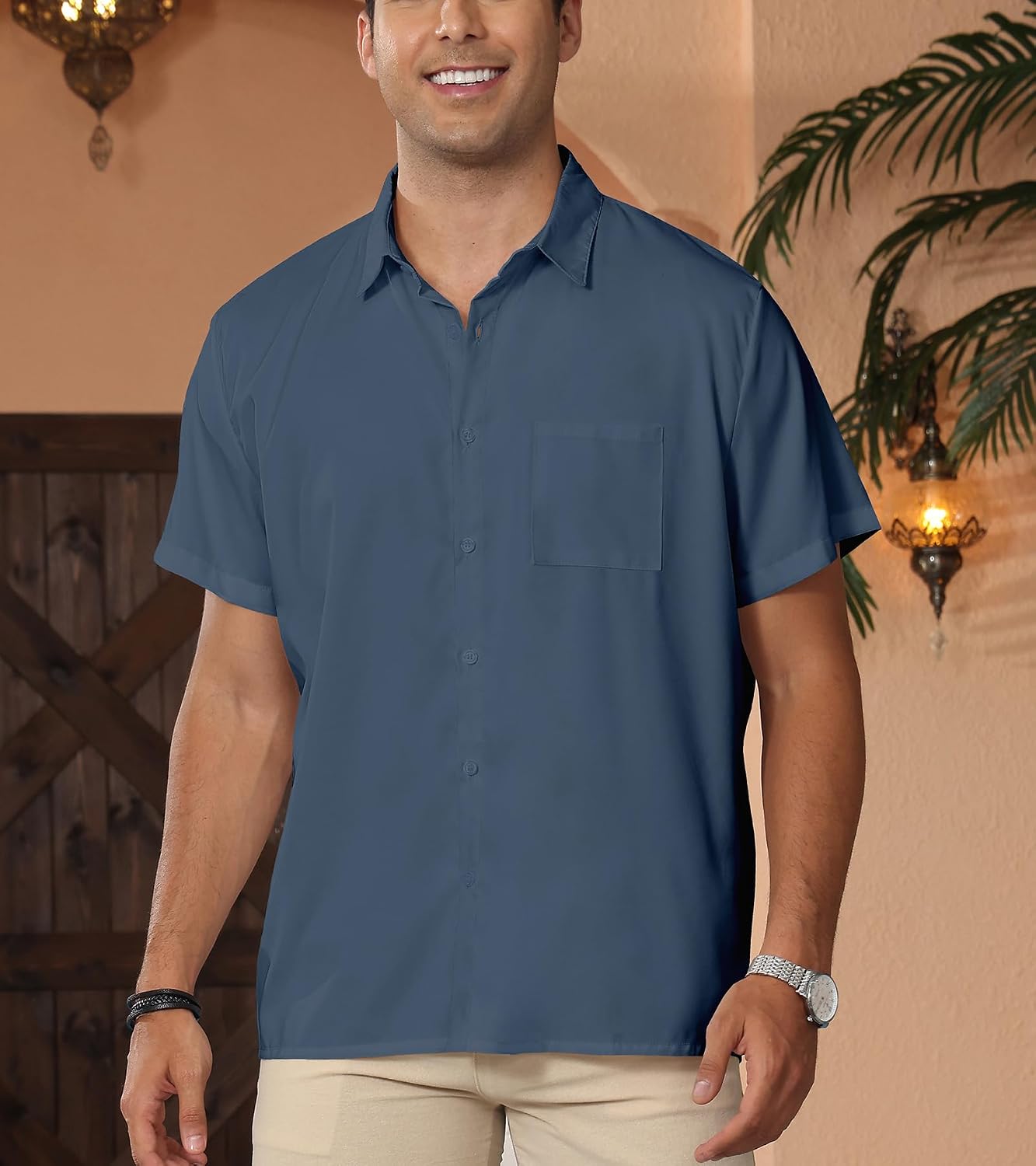 Casual Button Shirts for Men: Summer Solid Color Beach Short Sleeve Clothes