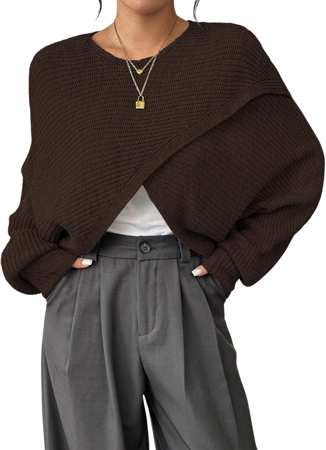 Verdusa Women's Lightweight Asymmetrical Wrap Fall Sweater Tops Old Money Puff Sleeve Cropped Sweaters Coat