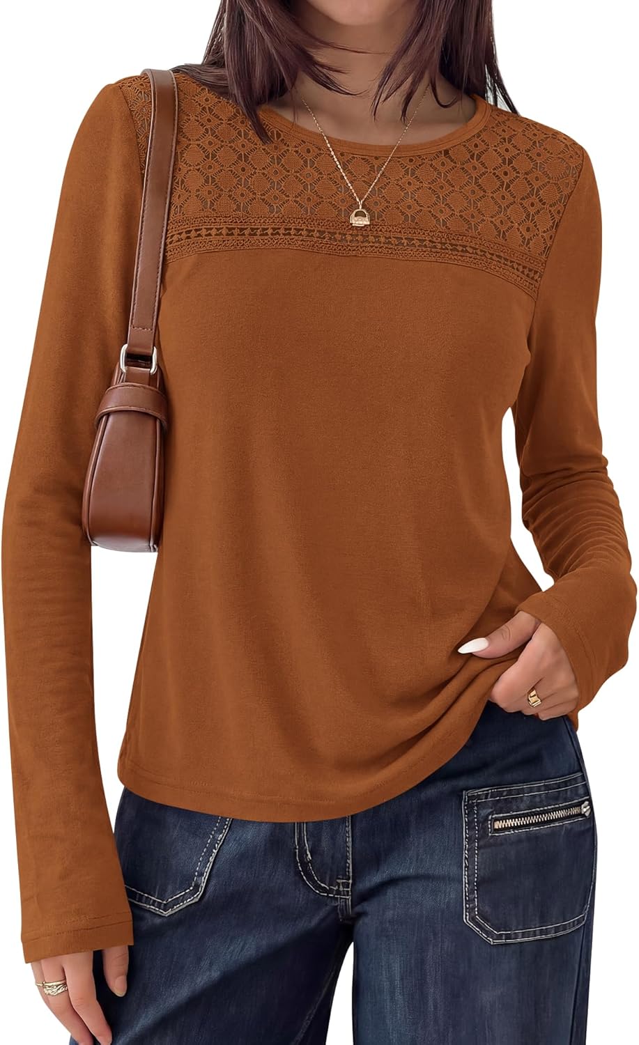 BTFBM Lace Long Sleeve Shirts Womens Tops Dressy Casual Knit Boho Lightweight Blouses Winter Clothing Fall Fashion