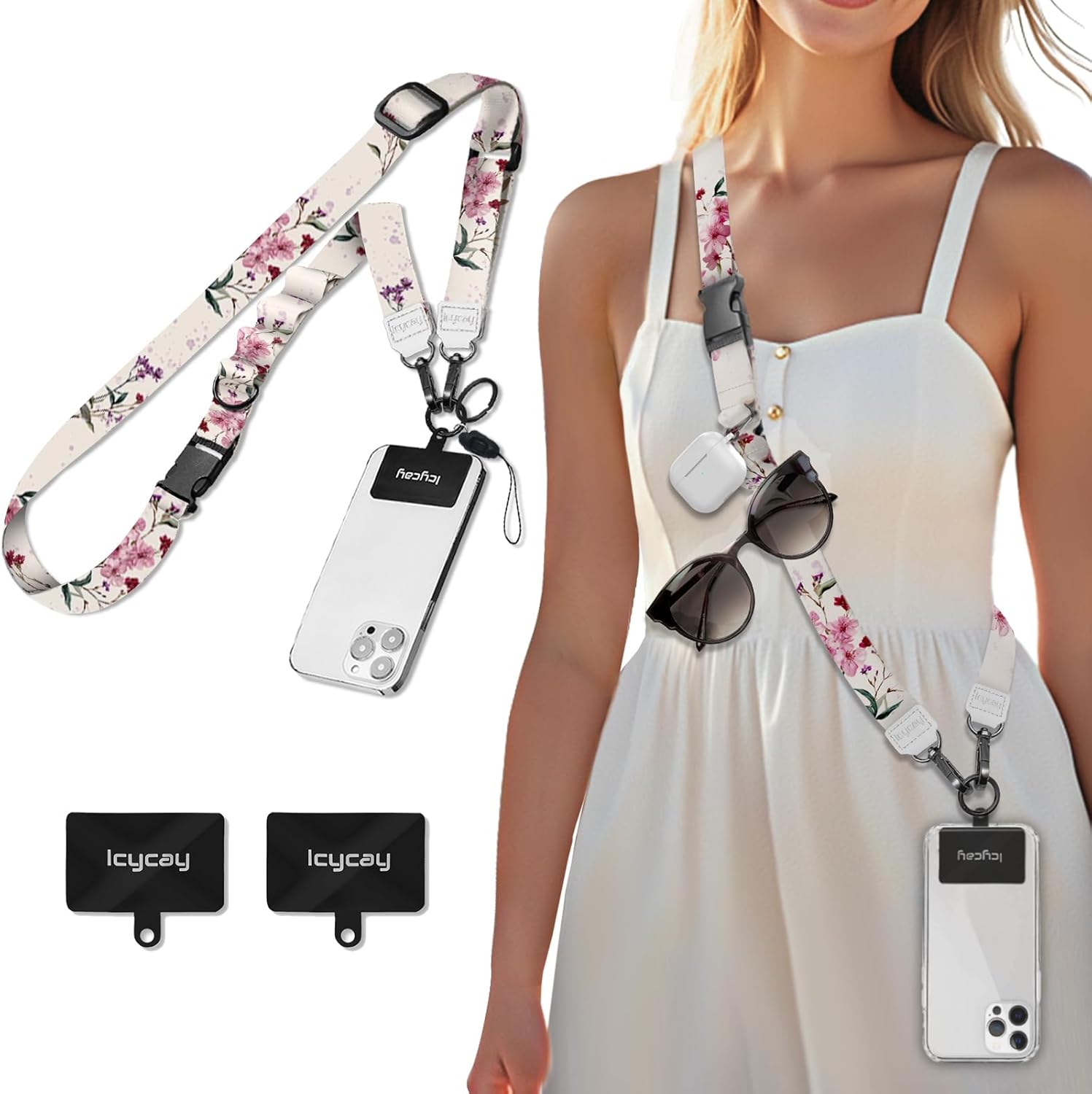 Icycay Phone Lanyard Crossbody Strap Neck Adjustable Teacher Women Flower | for Cell Phone Case Keys ID Badges, Anti Theft, Multifuctional, Cute Phone Holder, Travel Hiking Essential Accessories, Gift
