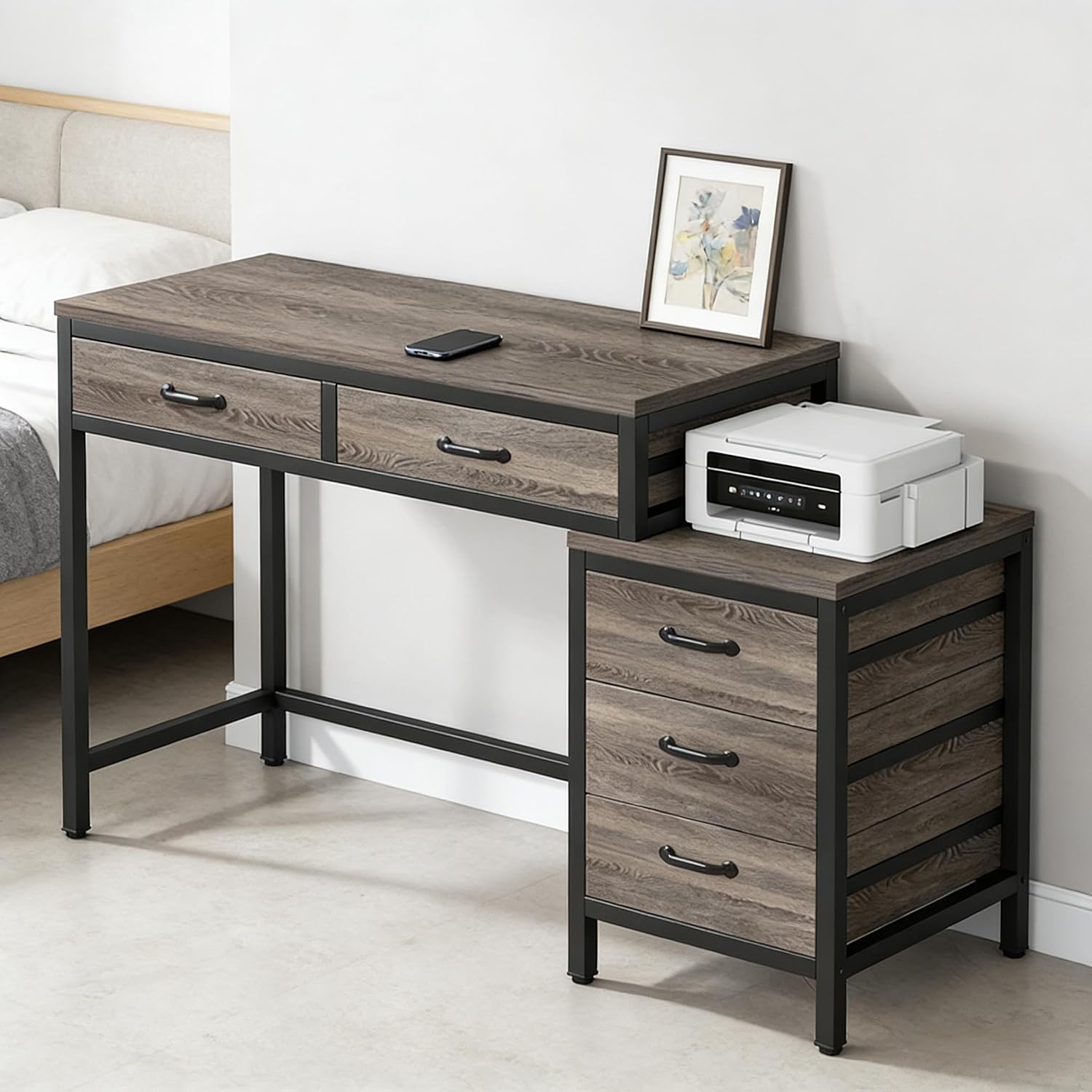 Compact Computer Desk, Writing Desk, Office Desk with Drawer Cabinet, 39.37 Inch Home Office Table with 2 Desk Drawers and 3 Drawer File Cabinet, and Black
