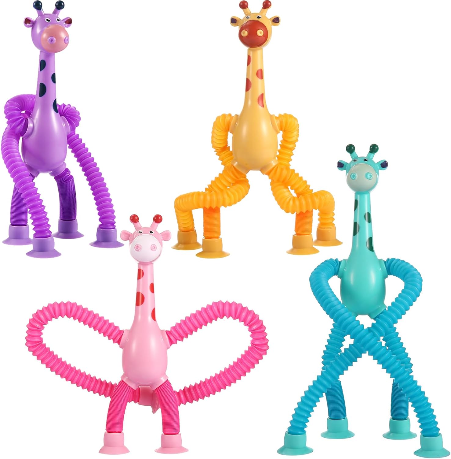 XONTEUS 4 Pcs Pop Tubes Giraffe Travel Airplane Road Trip Car Activities Essential, Telescopic Suction Cup Sensory Fidget Toys,Screen-Free Activity for Toddler 3+ and Kids, Stocking Stuffers for Kids