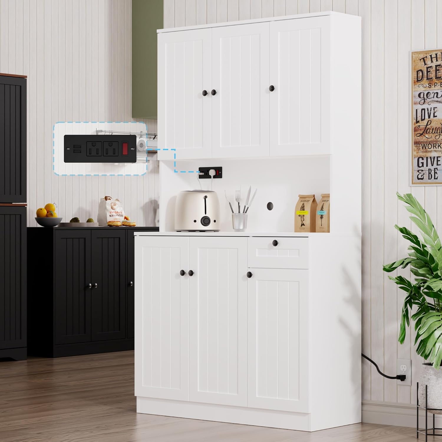 Furnify 71" H Pantry Cabinet with Charging Station, Tall Kitchen Pantry Storage Cabinet with Microwave Stand, Farmhouse Kitchen Hutch with Storage Drawer for Living Room, Dining Room, White