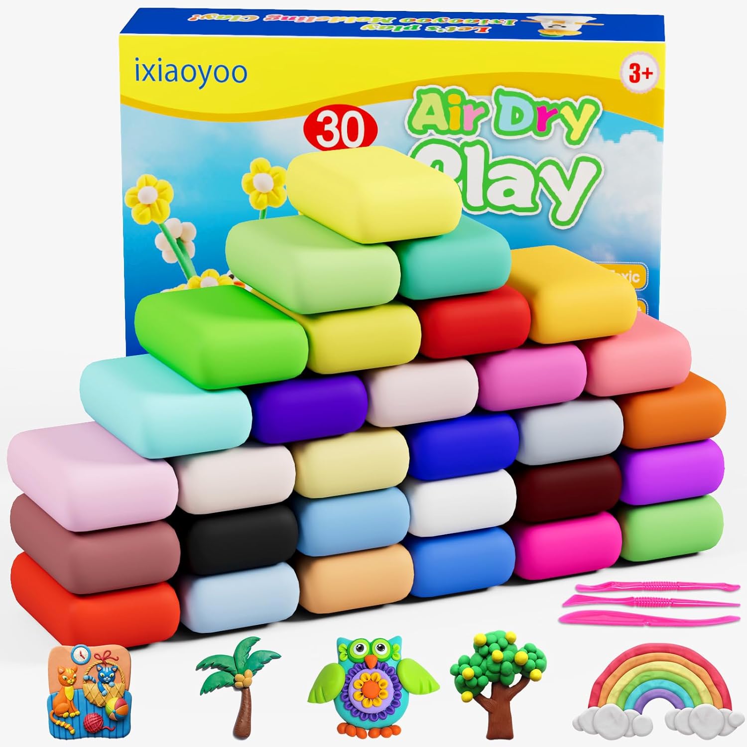 Ixiaoyoo Air Dry Clay, 30 Colors Foam Modeling Clay for School Projects | Safe & Non-Toxic, Soft, Non-Sticky, DIY Model Crafts Kids Toys for Home Party Favors, Birthday Gifts for Aged 3–12 Boys Girls