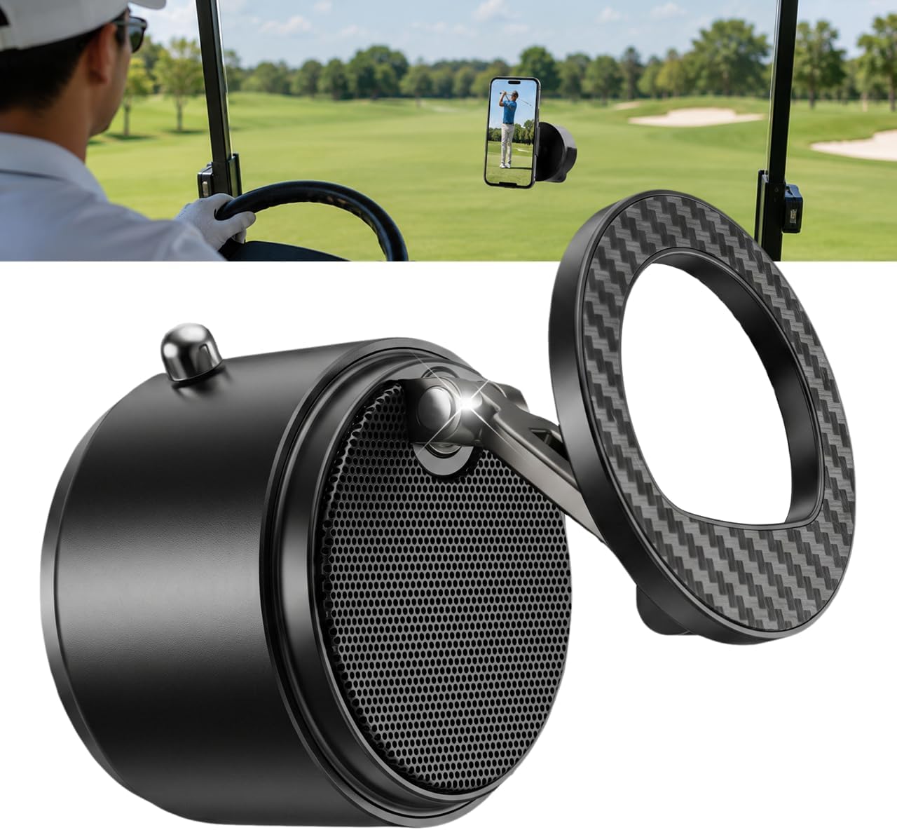 2-in-1 Magnetic Golf Cart Phone Holder & Bluetooth Speaker (Black) | Strong Suction Cup & 360° Adjustable Mount for Cars, Home&Outdoors, HD Stereo Sound Golf Accessories Golf Gifts For Men&Women