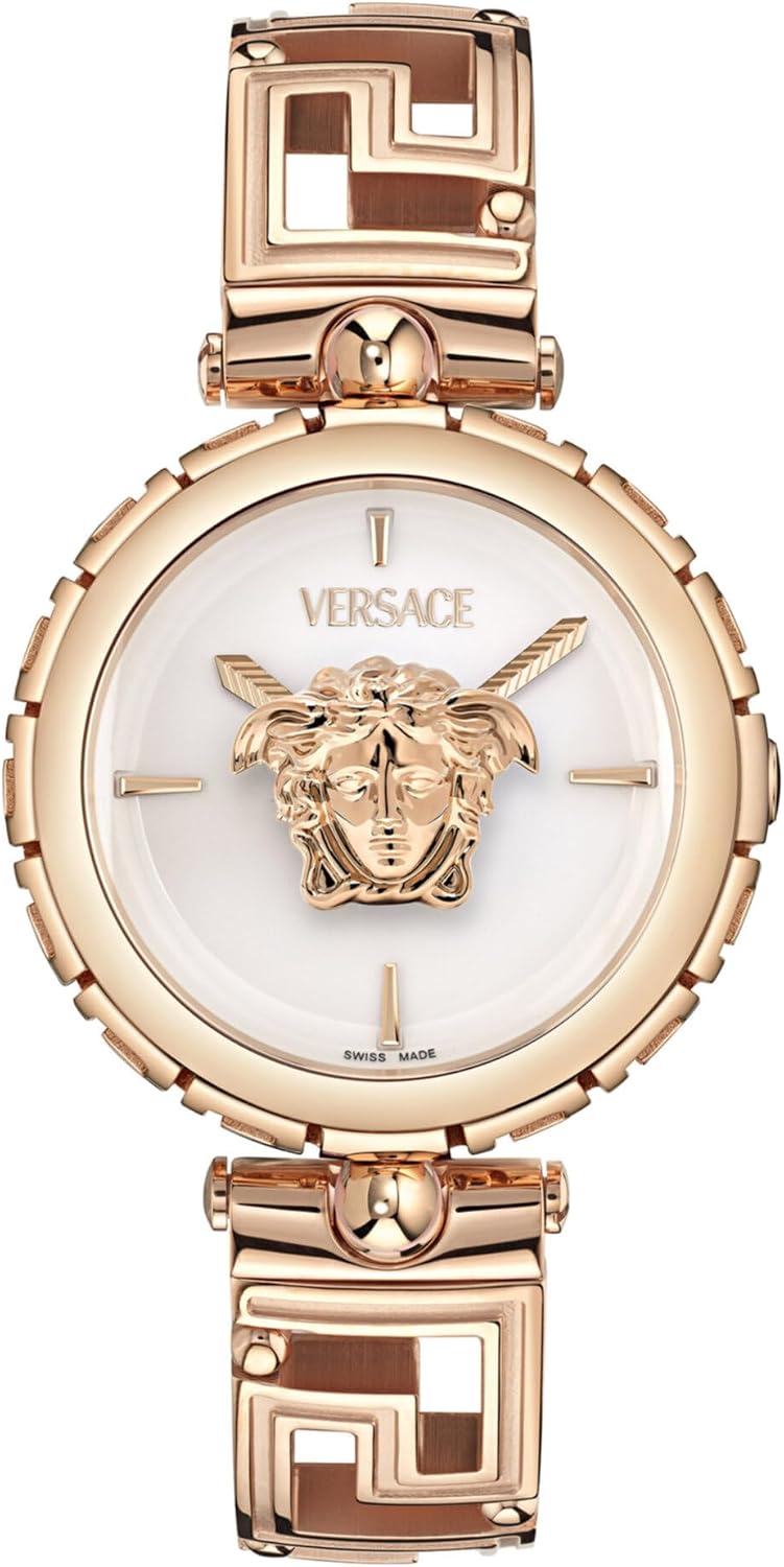 Versace Medusa Jewel Women’s Watch, Swiss Made Luxury Designer Watch with Silver Sunray Dial, Rose Gold IP 34mm Stainless Steel Case, Rose Gold Bracelet, Deployant Clasp, 3 ATM