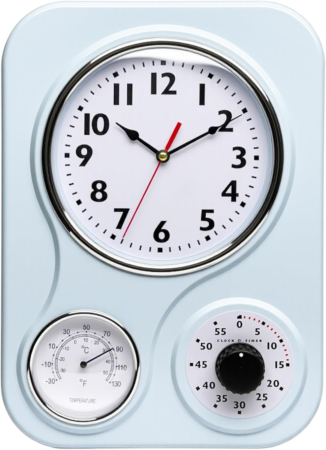 Lily's Home - 9 Inch x 12.5 Inch - Retro Kitchen Wall Clock, Vintage Wall Clock with a Thermometer and 60-Minute Timer, Ideal for Any Kitchen, Office, or Diner (Light Blue)