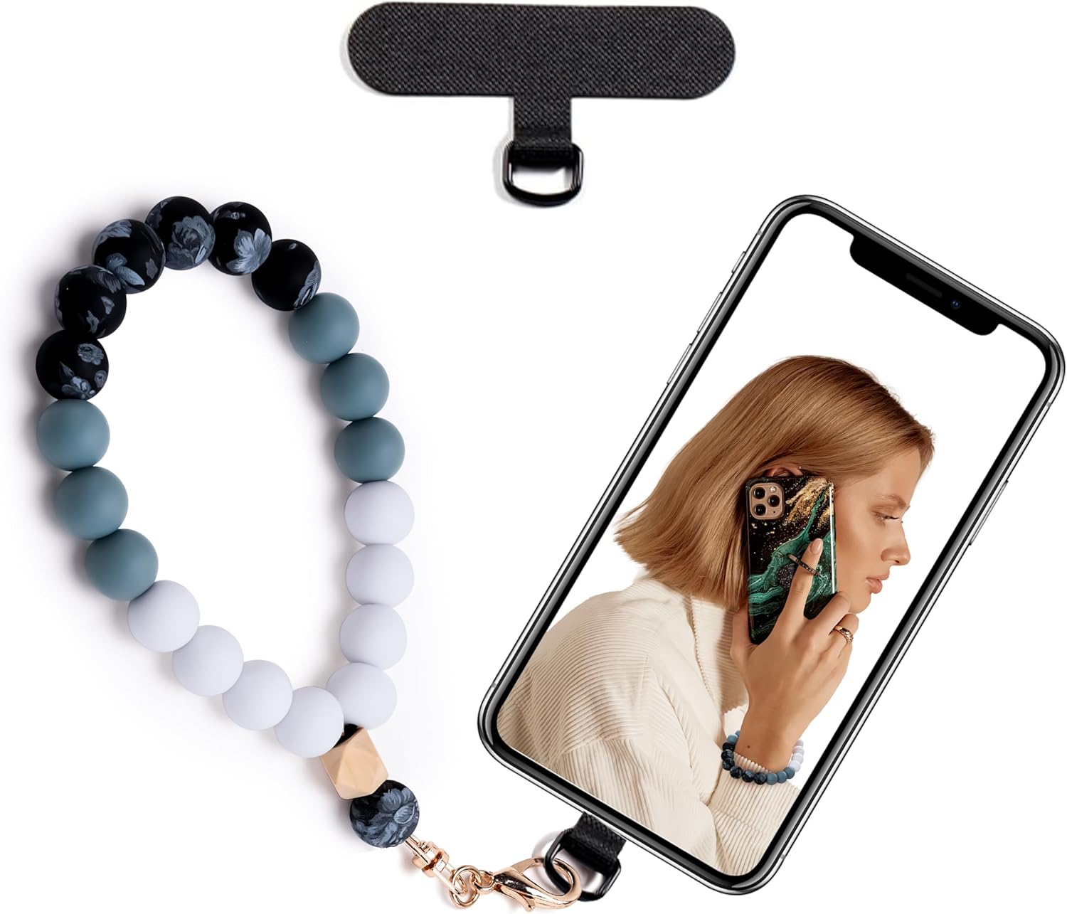 Silicone Beaded Phone Wrist Strap,phone bracelet strap with Tether Tab,Elastic Hands-Free wristlet strap (Black)