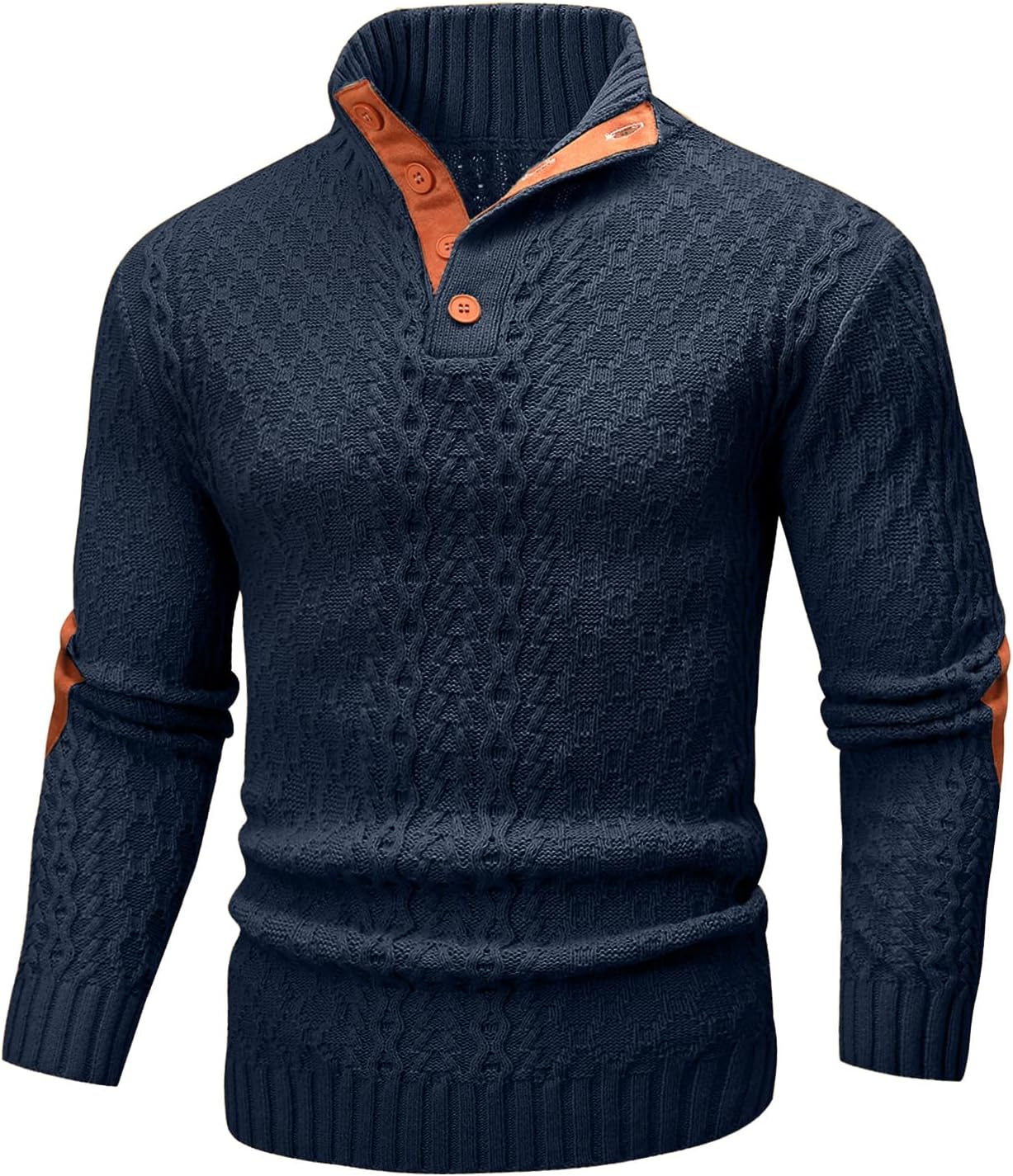 Wizoat Mens Cable Knit Pullover Sweater Casual Long Sleeve Stand Collar Quarter Button Knitted Sweaters