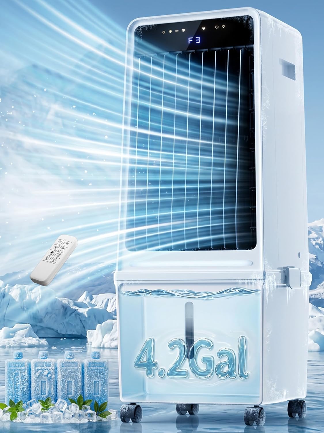 30"Portable Air Conditioners with 4.2Gal Tank, Cooling Fans with LED Ambient Light, Evaporative Air Cooler for Bedroom